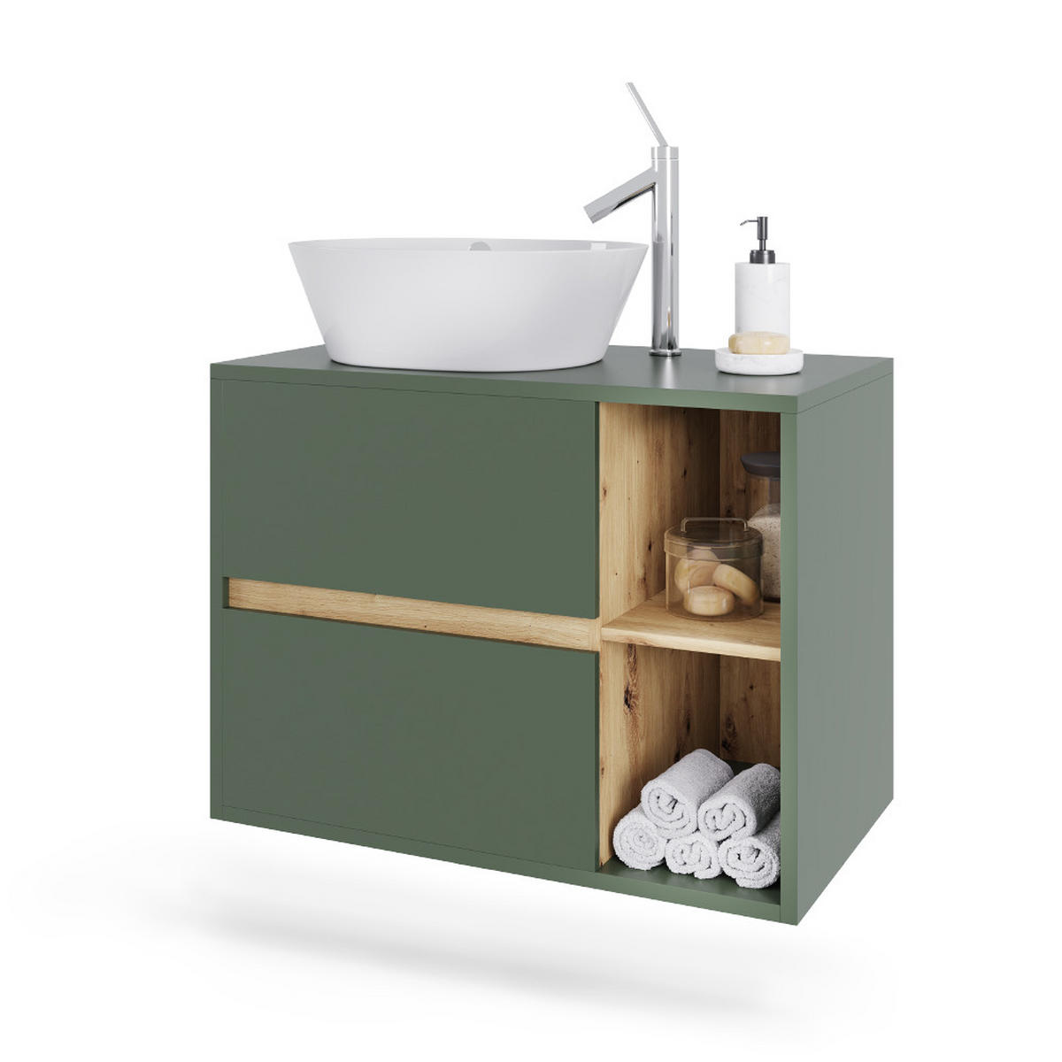 WASCHBECKENUNTERSCHRANK Viola Grün/Artisan 80 x 60 cm mit 2 Schubladen - Eiche Artisan/Grün, Holzwerkstoff (80/60/46cm) - Vicco