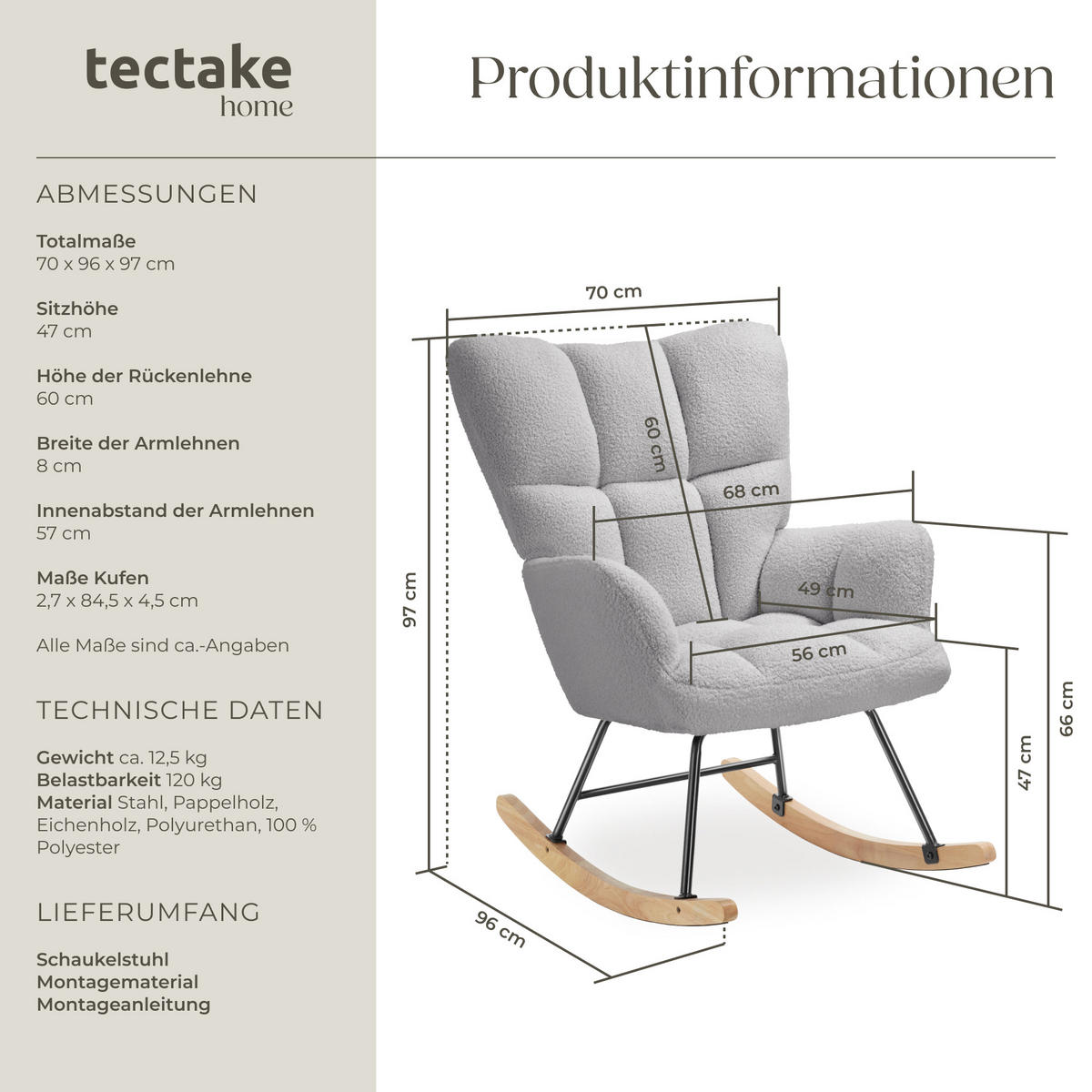 SCHAUKELSTUHL Torve,68 x 96 x 97 cm, Belastbarkeit 120 kg,Bouclé hellgrau - Hellgrau, Kunststoff (70/97/96cm) - tectake