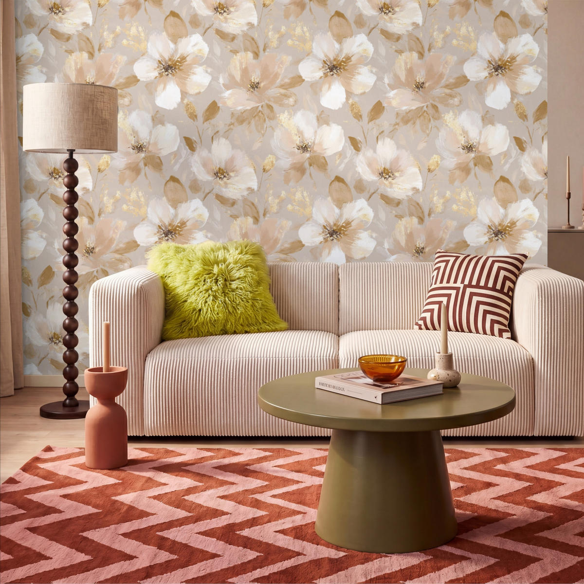 TAPETE - Blumen - künstlerisch - Gold - 300x200 cm - Beige, Papier (300/200cm) - OnlyWow