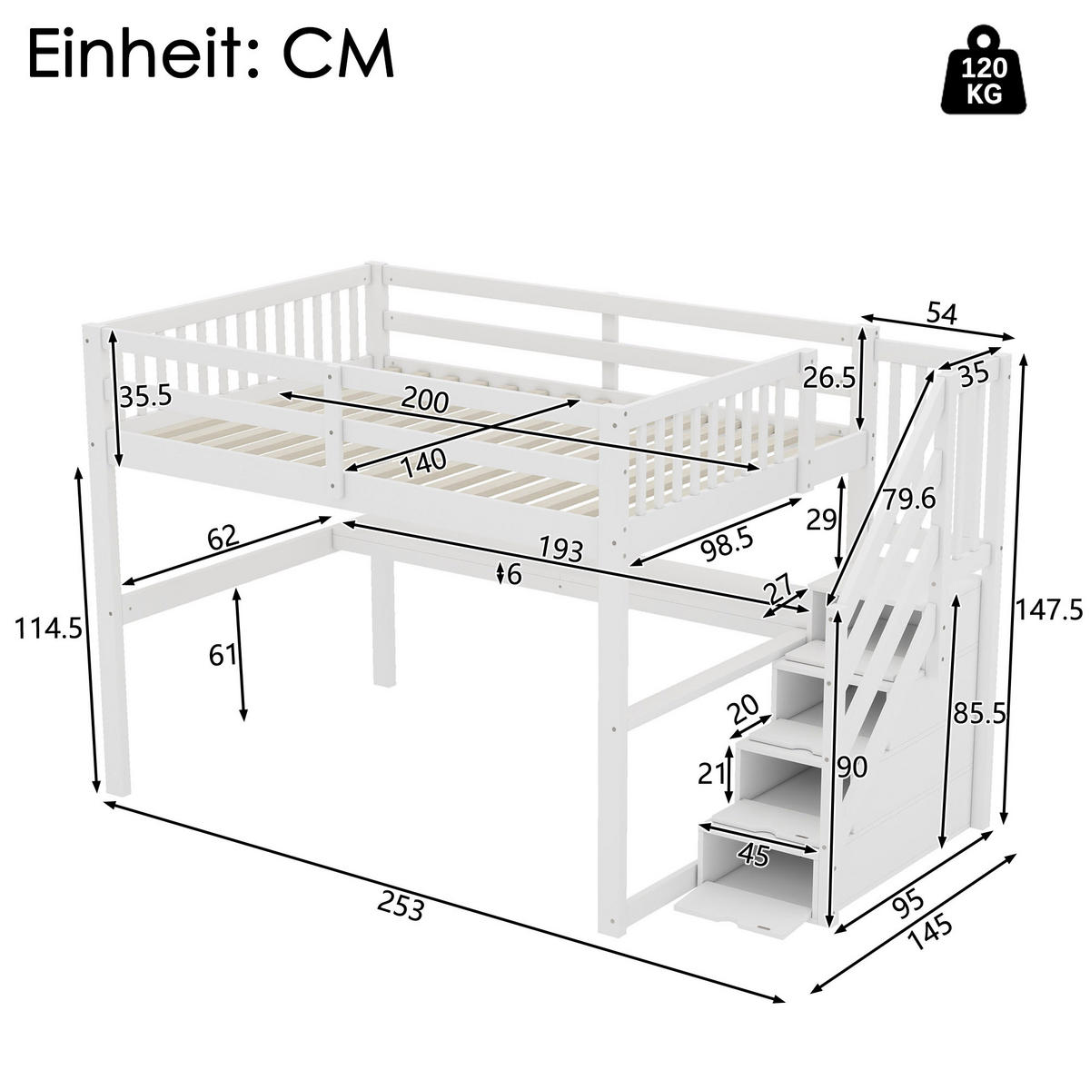 HOCHBETT 140/200 cm Kinderhochbett mit Stauraumschubladen und Unterbettschreibtisch Weiß - Weiß, Holz (140/200cm) - OKWISH