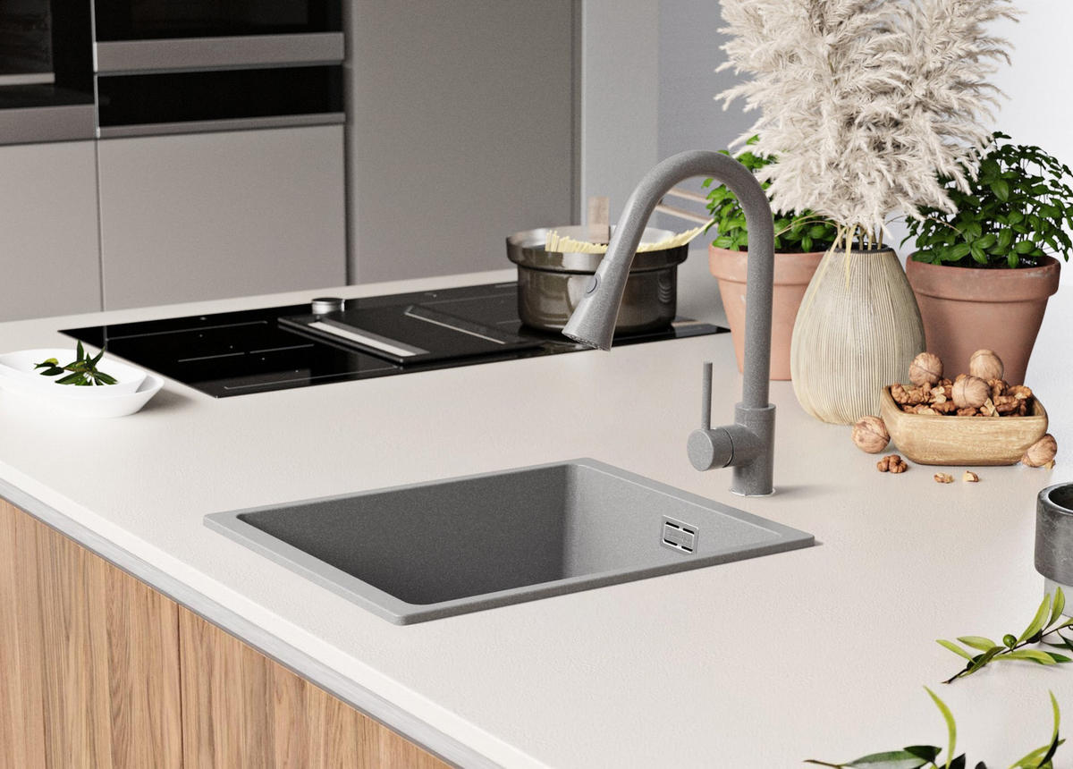 GRANITSPÜLE London Slim, 2-er set Grau 36/47 cm 1 Becken + Küchenarmatur 32/20 cm + Ablauf-Set ab 40er Unterschrank - Grau, Kunststoff (36/20/47cm) - Primagran