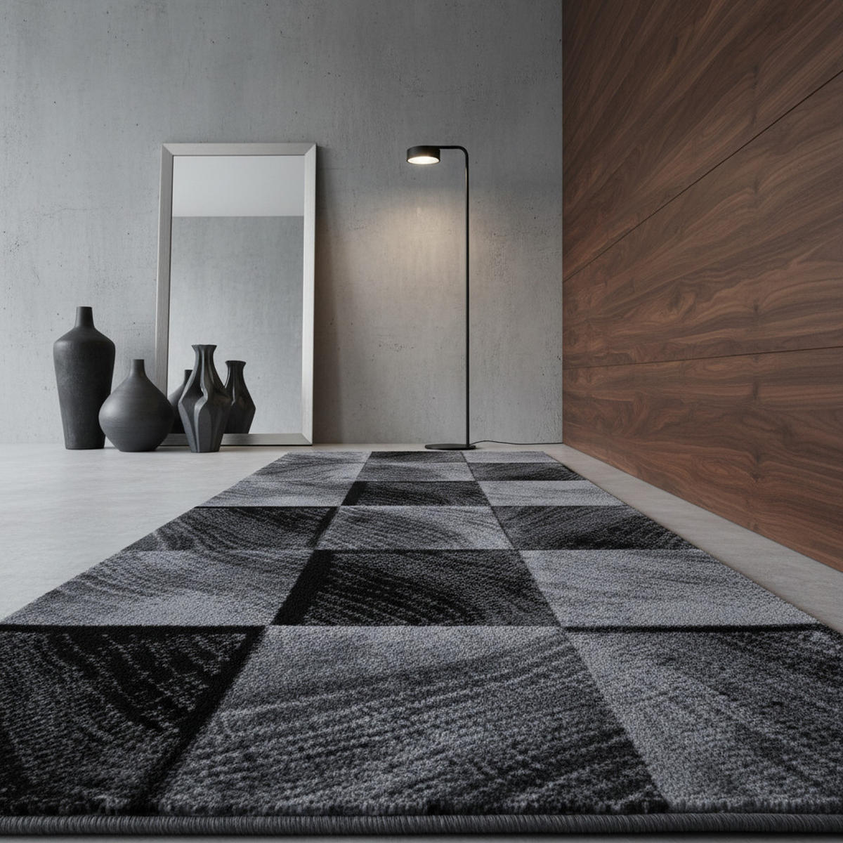 TEPPICH Kurzflor Karo-Design Polypropylen Wohnzimmer Schwarz Läufer 80x300 - Schwarz, Textil (80/300cm) - KADIMA DESIGN