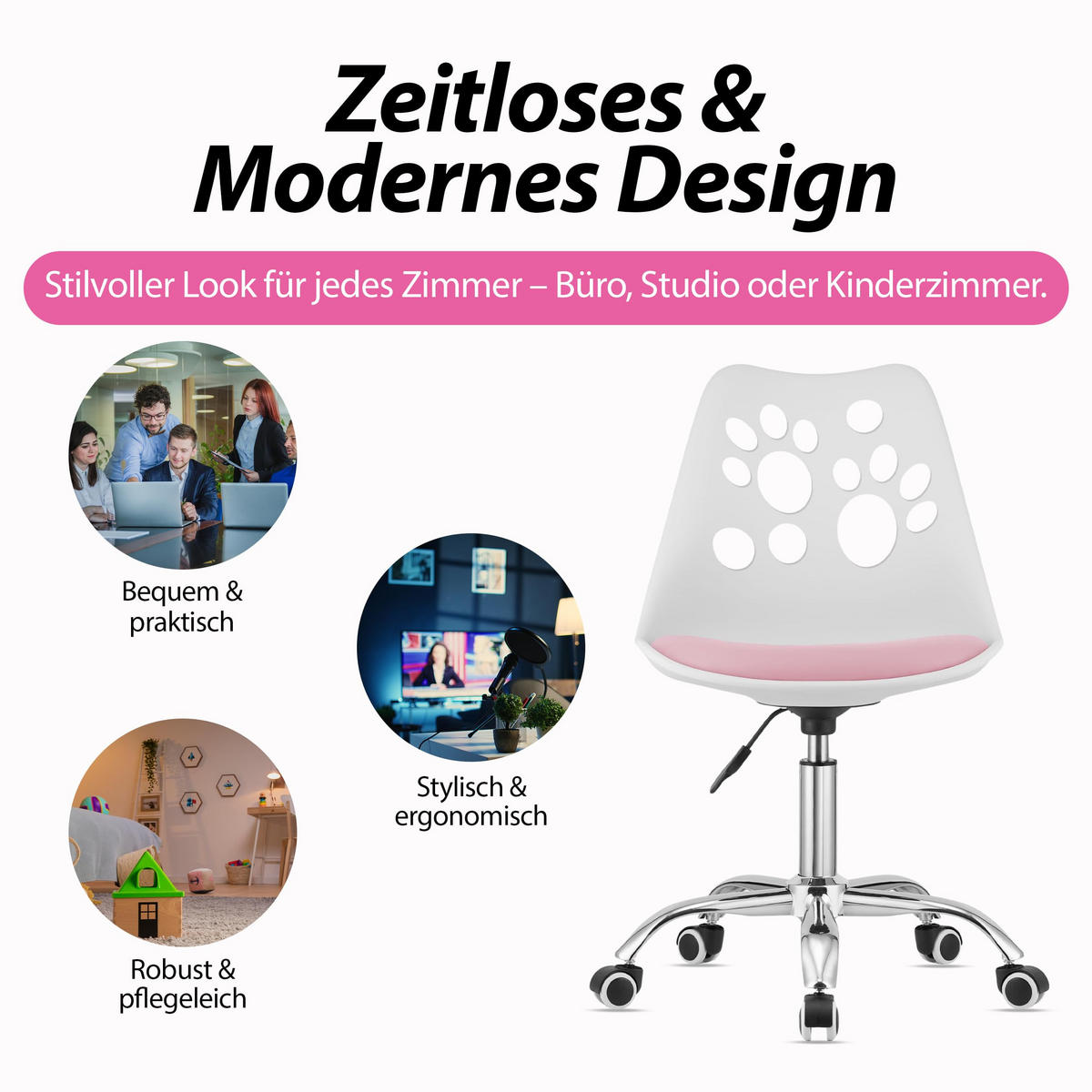 BÜRODREHSTUHL Weiß/Pink, Höhenverstellbar, Rollen, Ohne Armlehnen, Ergonomisch Für Büro Und Schlafzimmer - Weiß, Textil (51/94/58cm) - Best For Home