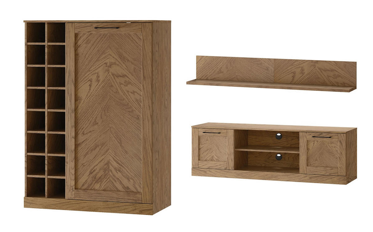 WOHNWAND Cozy Eiche Rustikal 3-teilig - Eichefarben/Braun, Holz/Metall (260/140/50cm) - Feldmann-Wohnen