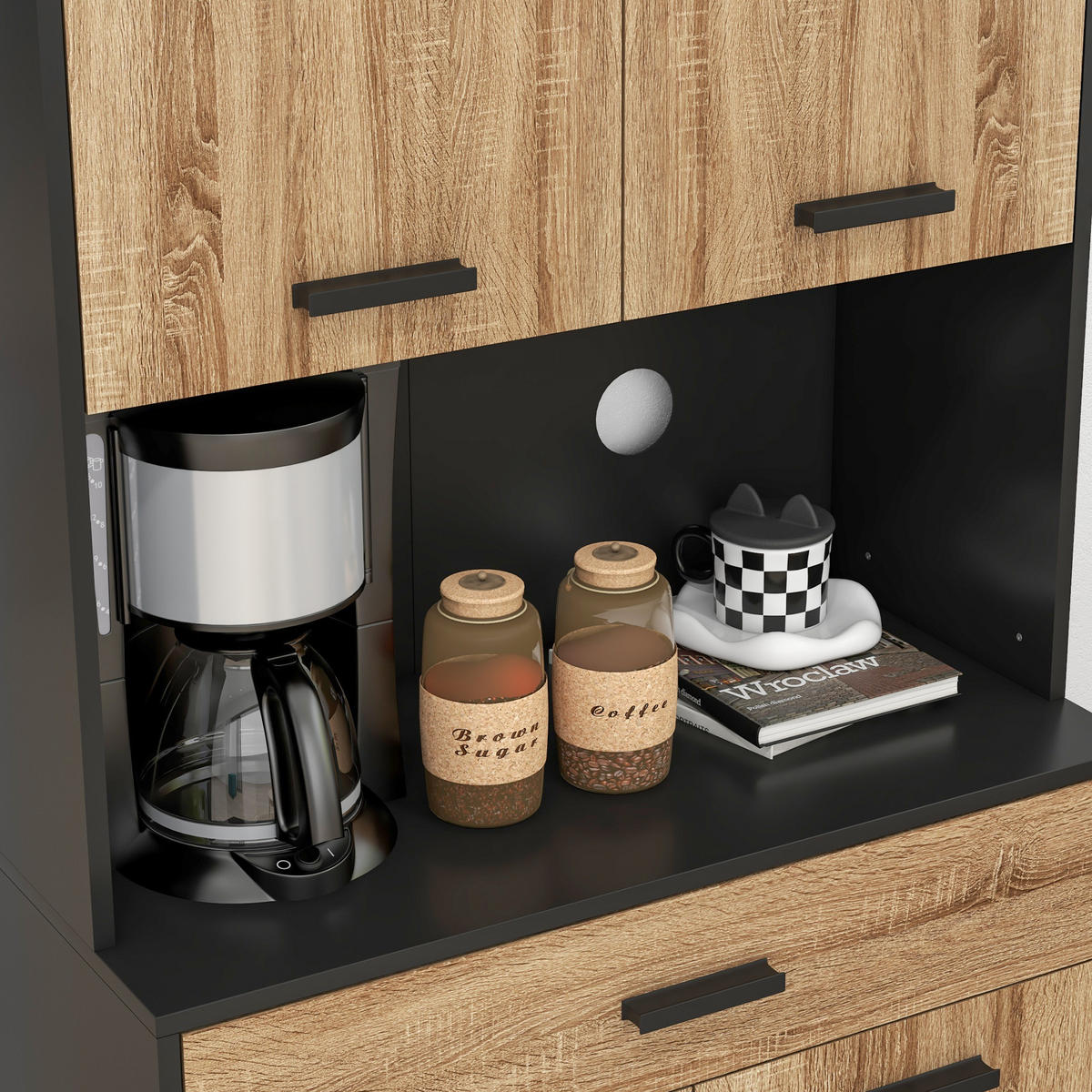 BUFFET DE-11071 Industrie-Design, 4 Türen Schwarz/Natur - Naturfarben, Holzwerkstoff (40/180/80cm) - ComfortXL
