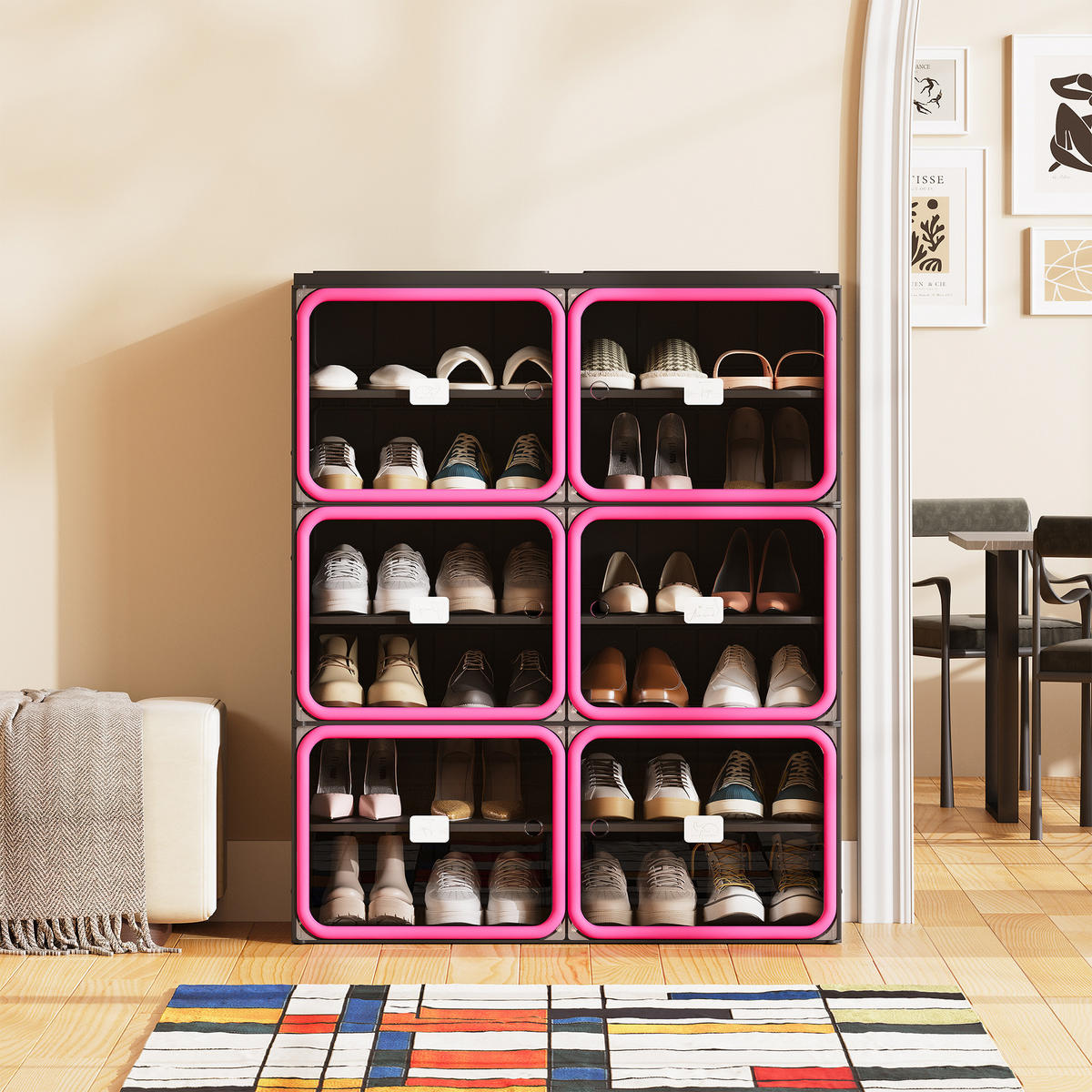 SCHUHSCHRANK, Doppelfach mit 6 Ebenen, faltbar, montagefrei, aus Kunststoff, Flurmöbel, Schwarz-Rot - Rot, Kunststoff (85/104/34cm) - GENKI LIVING