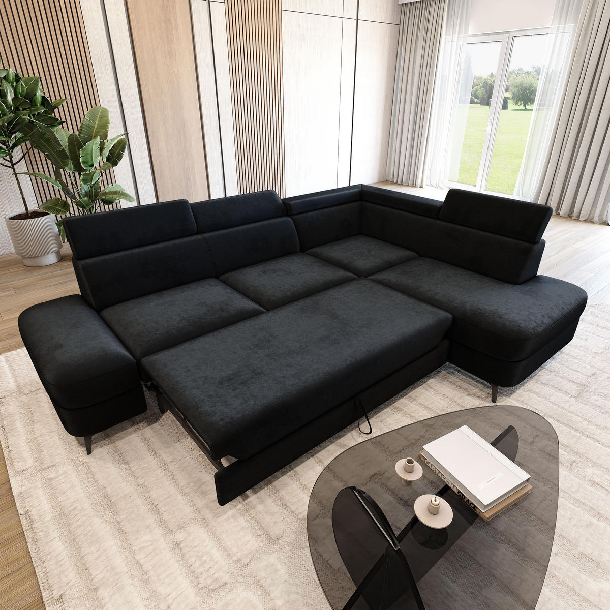 ECKSOFA AVISE M R-S Schwarz Velours-Stoff mit Schlaffunktion - Schwarz, Holzwerkstoff/Textil (268/195cm) - MASSENO