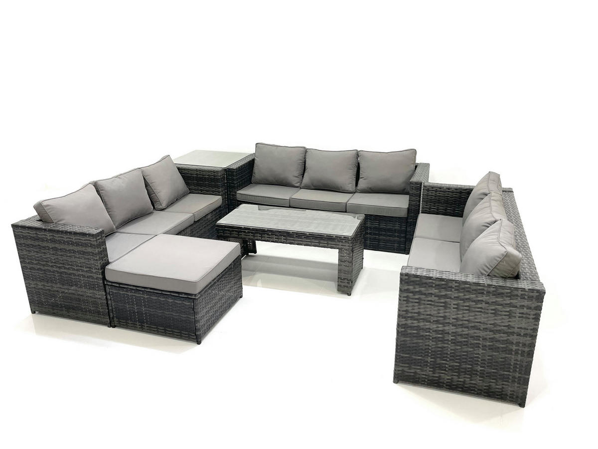 GARTENMÖBEL COUCHTISCH SET mit Sofa Polyrattan Outdoor 10-Sitzer - Dunkelgrau/Grau, Glas/Kunststoff - Fimous