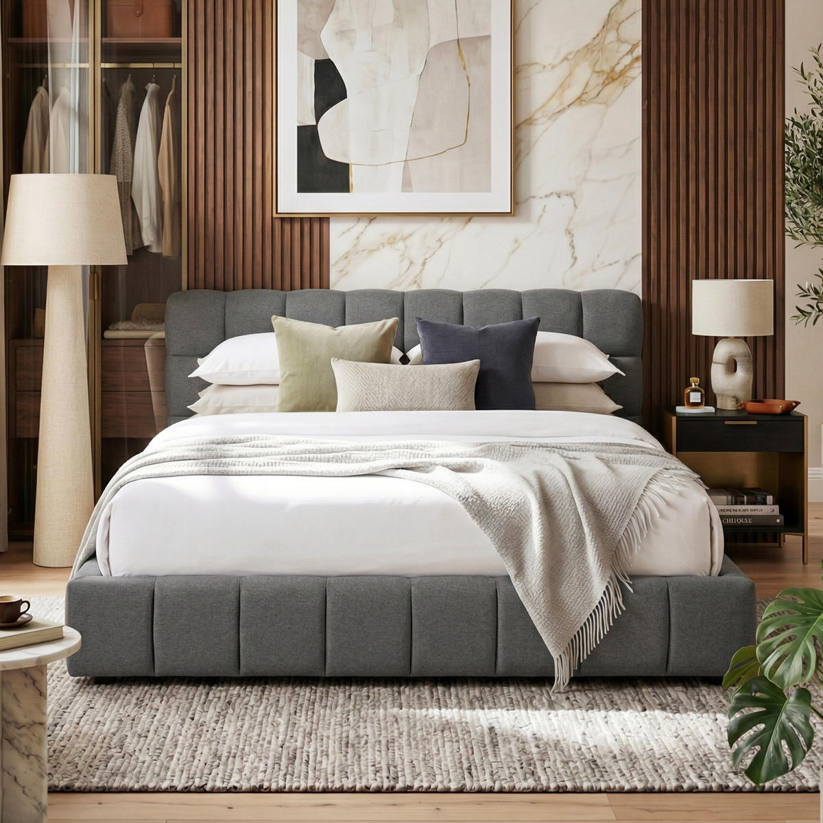 POLSTERBETT Block-Steppung 140/200 cm mit Stoßschutz-Rahmen Leinenoptik Grau - Grau, Textil (140/200cm) - Creahappy