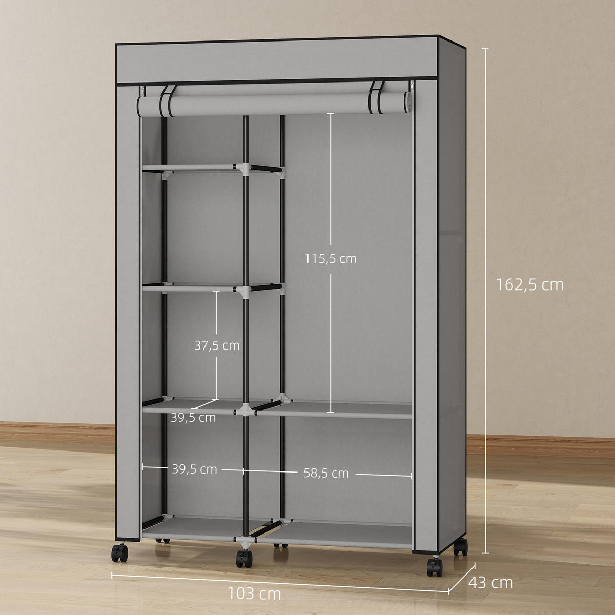 STOFFSCHRANK mit 6 Regalen und 1 Kleiderstange, platzsparende Aufbewahrungslösung in Hellgrau - Hellgrau, Metall (103/162.5/43cm)