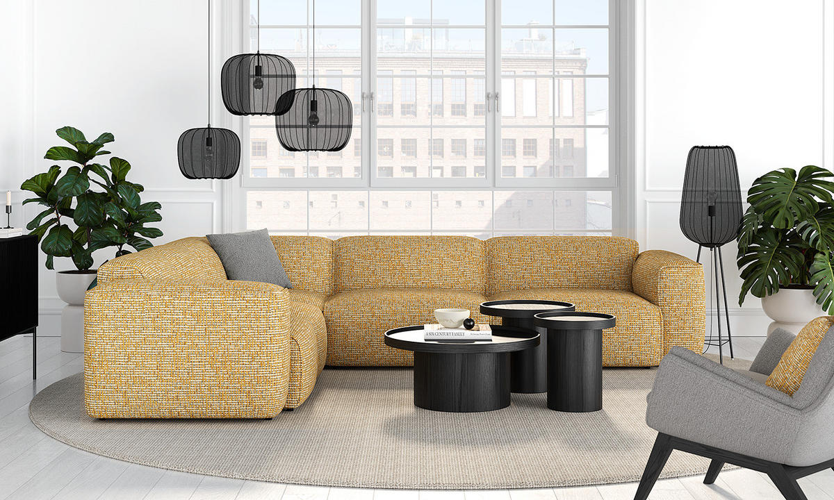 ECKSOFA mit Rundecke - Schwarz/Honig, Kunststoff/Textil (325/260cm) - home24