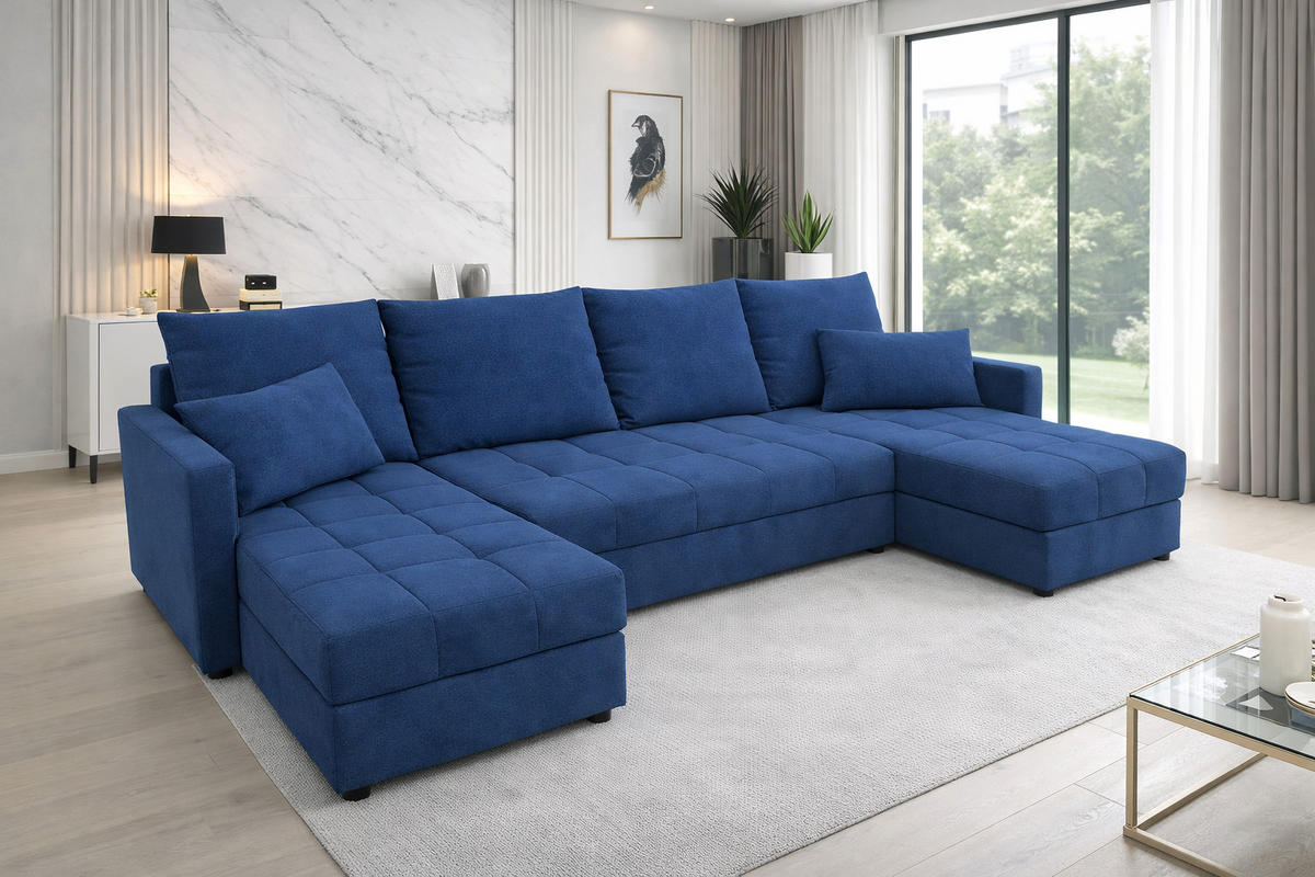WOHNLANDSCHAFT AURELIA – Ecksofa in U-Form mit Schlaffunktion, Bettkasten & Kissen Stoff KRONOS 287 cm Blau - Blau, Kunststoff (287/140cm) - Wohnideebilder