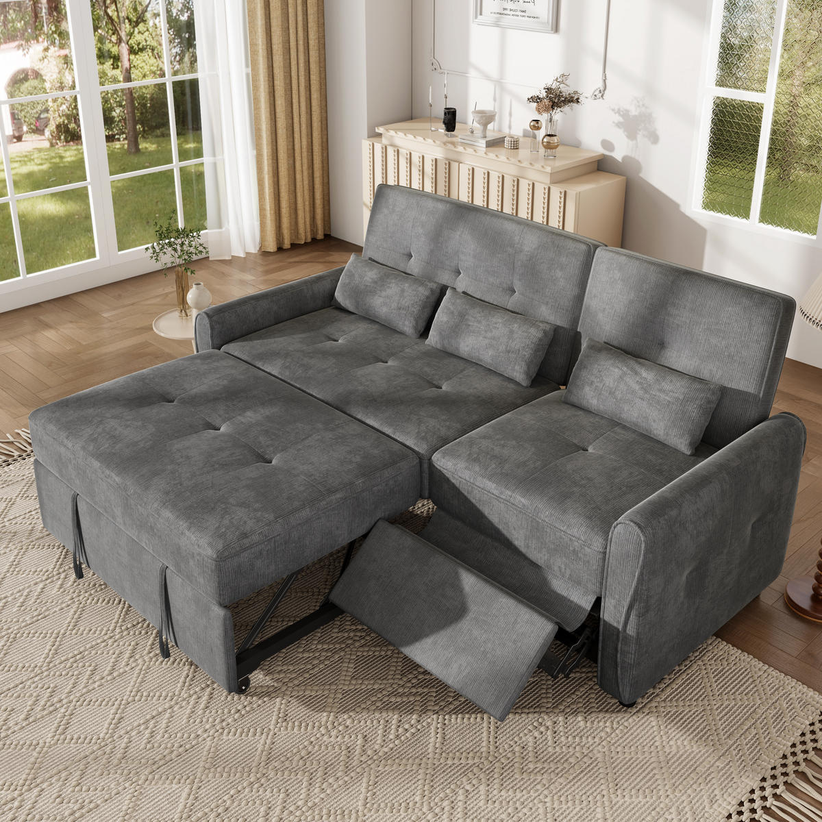 SCHLAFSOFA 3-Sitzer 3-in-1 ausziehbar Chenille, DE-42933, Grau - Grau, Metall (176/83/148cm) - ComfortXL