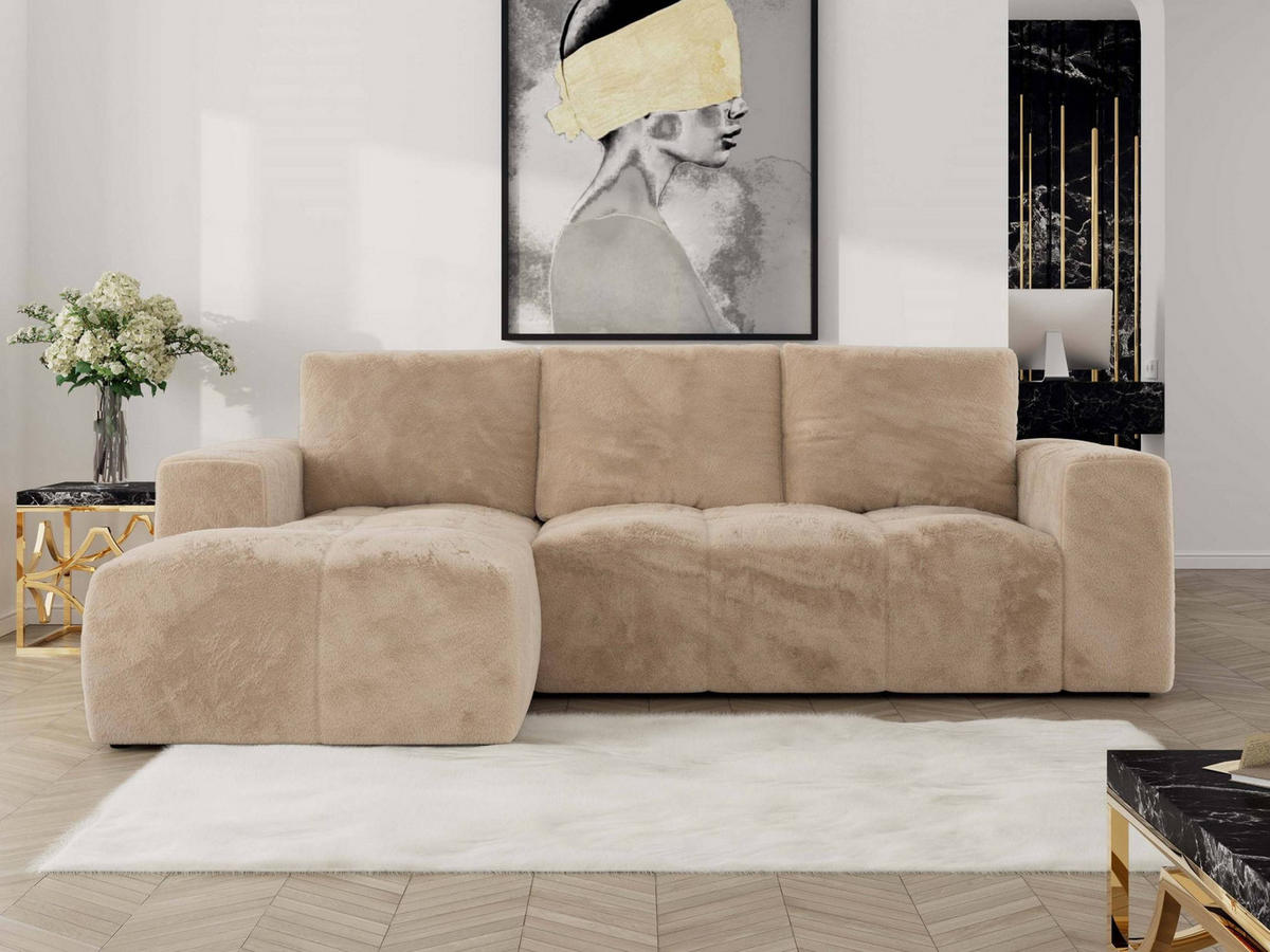 ECKSOFA MONIVA Beige Plüsch - Links - Beige/Schwarz, Textil (164/266cm) - MKS