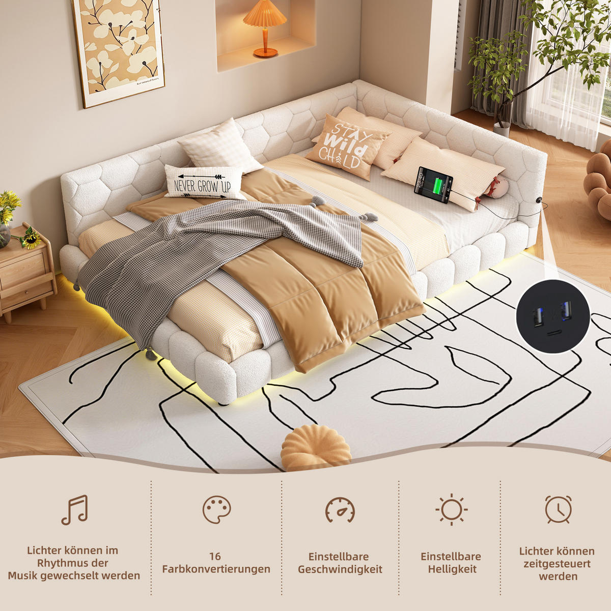 POLSTERBETT 140/200 cm Weiß aus Vliesimitat und MDF mit LED-Beleuchtung - Weiß, Textil (140/200cm) - OKMYHOME