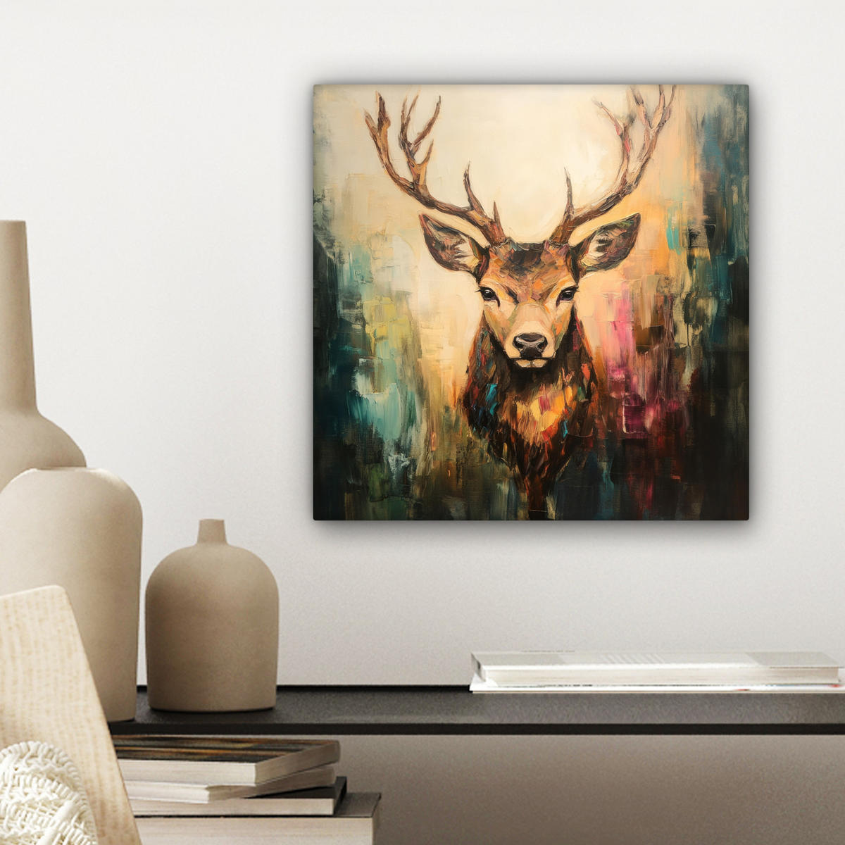 LEINWANDBILD Hirsch - Gemalt - Geweih - Braun 20x20 cm - Haselnussfarben, Textil (20/20cm) - MuchoWow