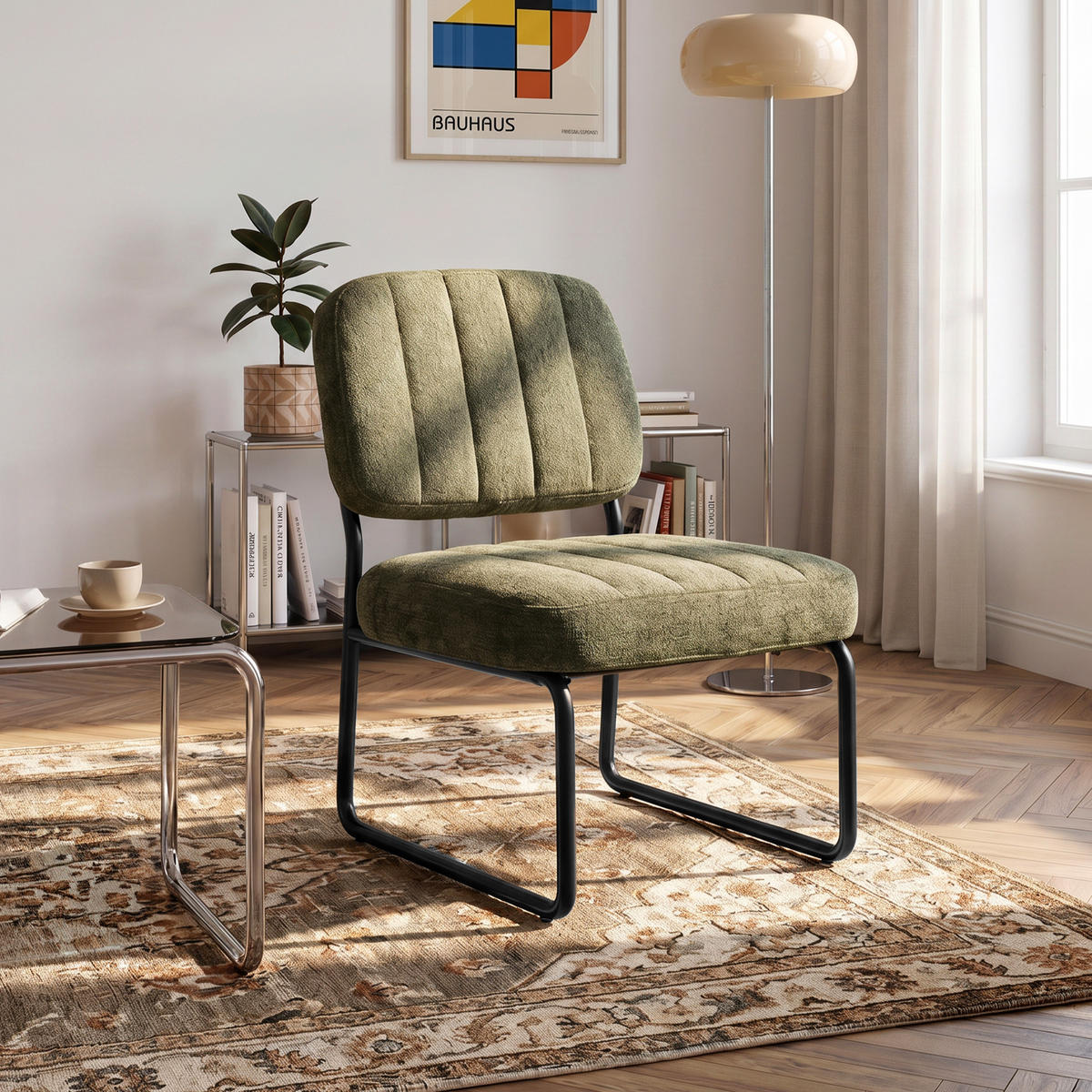 SESSEL khaki gepolstert schwarze Metallbeine und Chenille-Stoff - PAOLA - Schwarz/Grün, Textil/Metall (56/77/70cm) - Sicaan