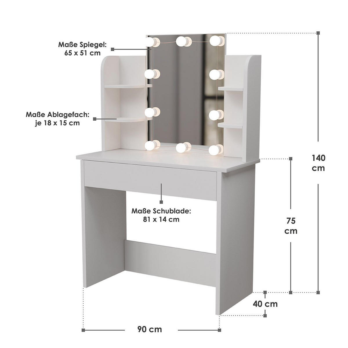 SCHMINKTISCH Zoey mit LED-Beleuchtung - Weiß, Holz (40/140/90cm) - Juskys