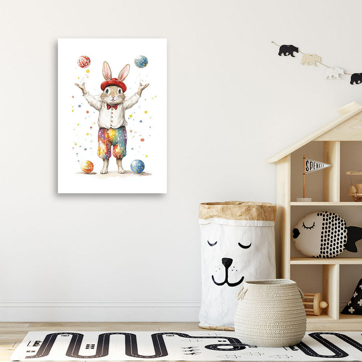 LEINWANDBILD Kaninchenjongleur Bunter Zirkus 70x100cm - Multicolor, Textil (70/100cm) - Feeby