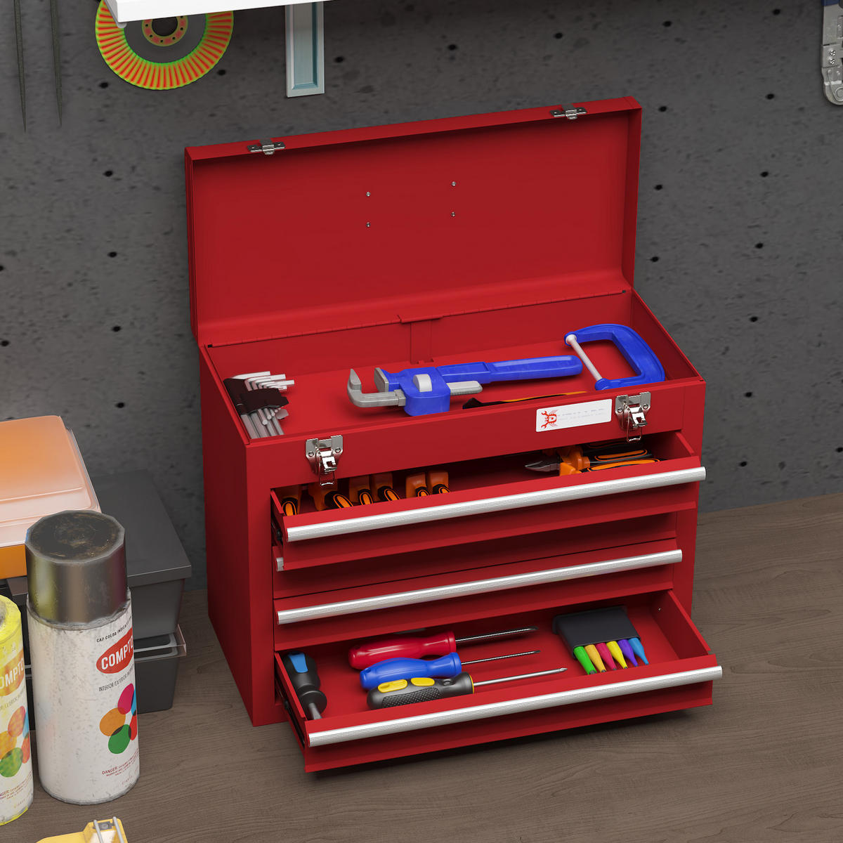 WERKZEUGKOFFER leer, 51 x 22 x 39,5 cm Werkzeugkasten mit 4 Schubladen Rot - Rot, Metall (22/39.5/51cm) - DURHAND