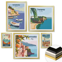WANDBILDER 5er Set - 50x50 cm & 20x30 cm & 40x60 cm Goldrahmen - Retro-Illustrationen berühmter Orte - Goldfarben, Kunststoff (40/60cm) - ArtPrintCave