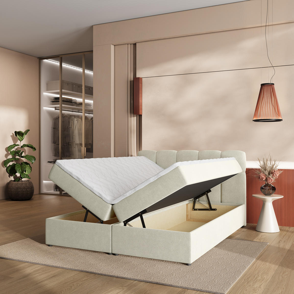 BOXBETT MERU 140x200 cm mit Matratze und Topper - Creme - Creme, Holz (140/200cm) - MASSENO