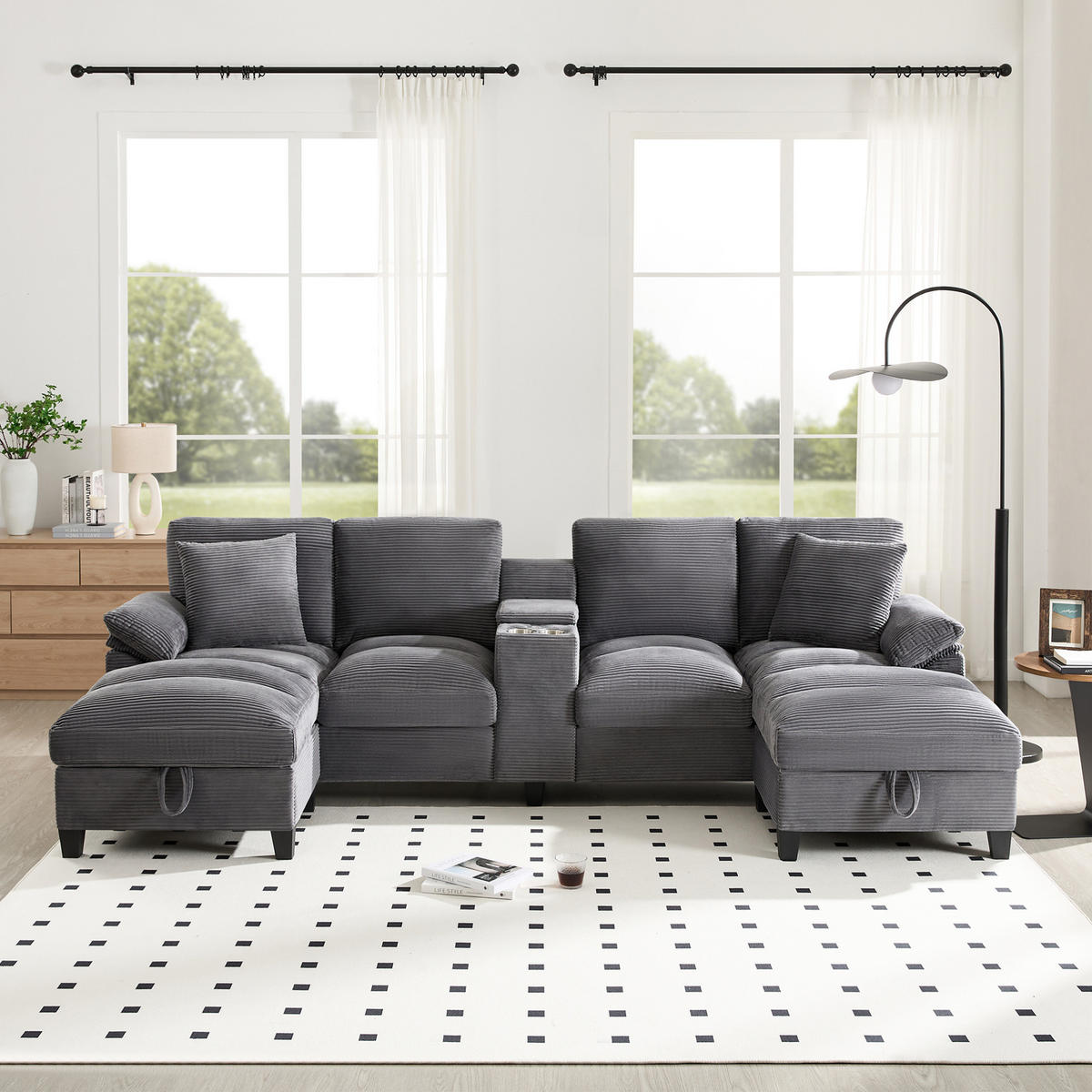 WOHNLANDSCHAFT U-Form 293/142/93 cm in Grau – mit Stauraum, USB und Getränkehalter - Grau, Textil (93/293/142cm) - BEAOK