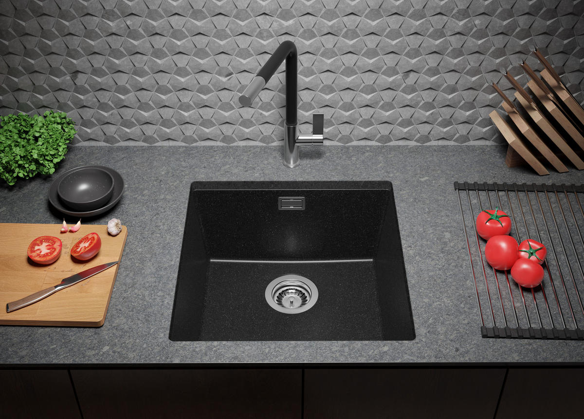 UNTERBAUSPÜLE GRANIT London, 2-er set Anthrazit 46/47 cm, 1 Becken + Ablauf-Set ab 50er Unterschrank - Chromfarben/Anthrazit, Kunststoff (46/20/47cm) - Primagran