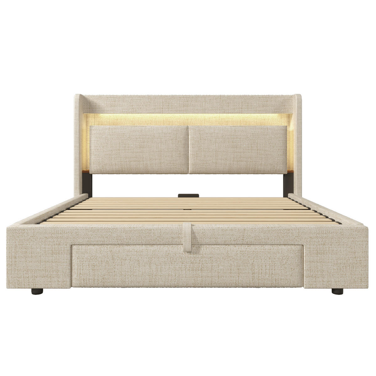 POLSTERBETT aus Leinen 160x200 cm in Beige mit LED & USB/USB-C & Stauraum - Beige, Textil (160/200cm) - Modfu