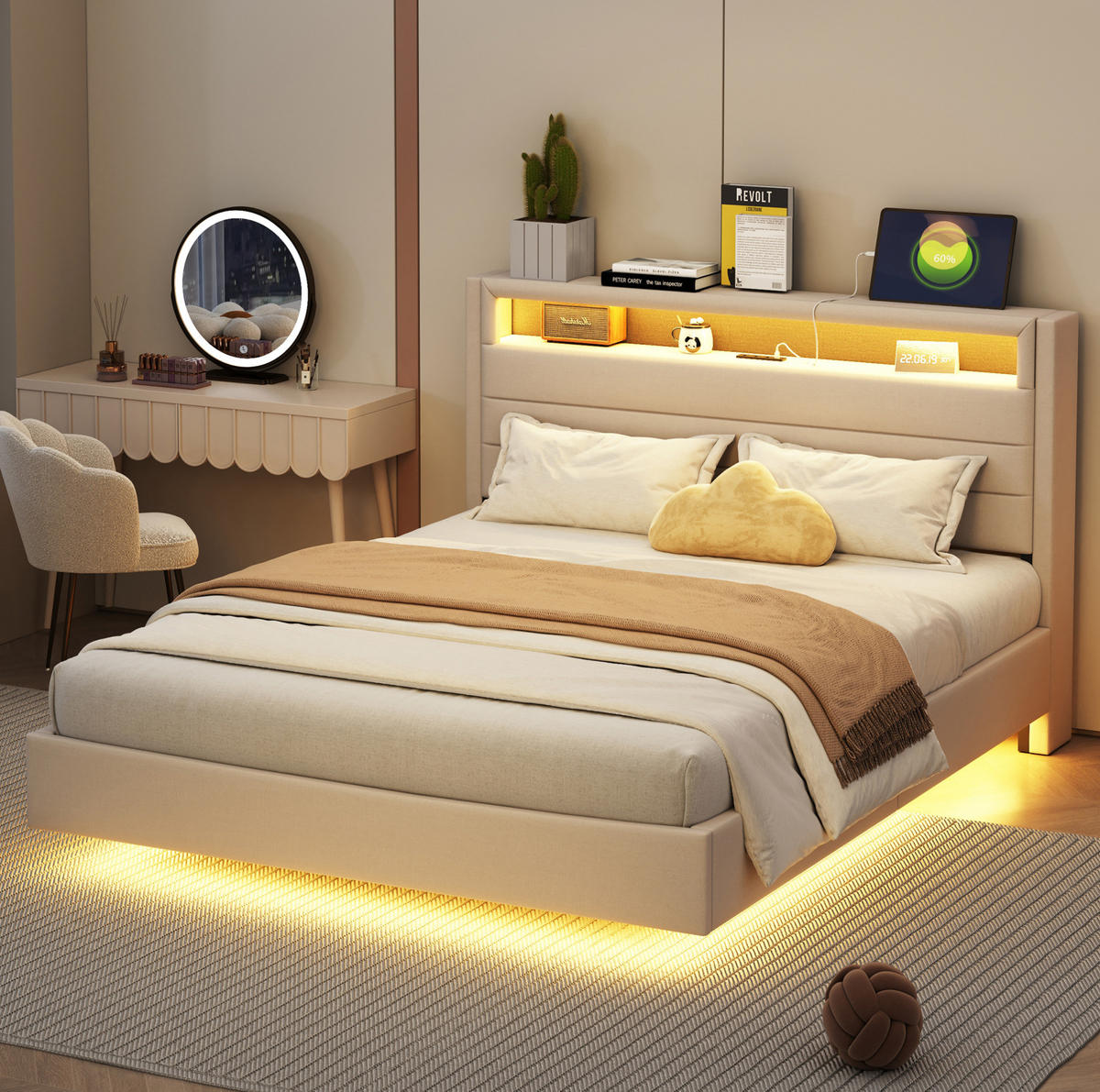 ČALÚNENÁ posteľ z látky 140x200 cm béžová s USB portom, LED osvetlením a úložným čelom - béžová, textil (140/200cm) - Modfu