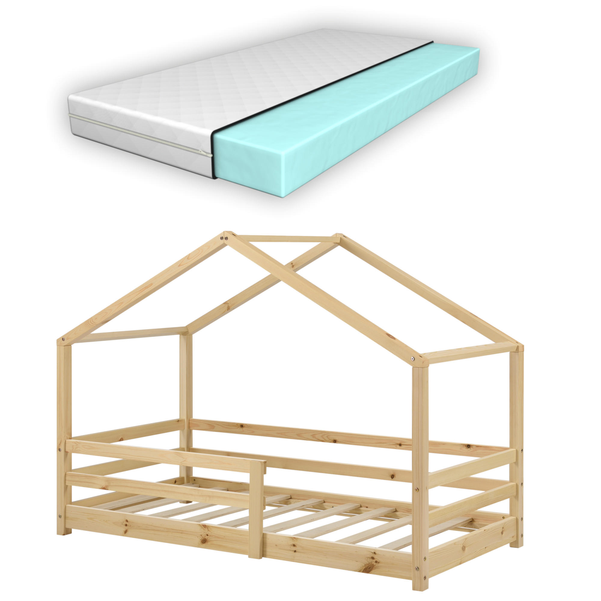 HAUSBETT Knätten mit Matratze - Naturfarben, Holz/Textil (70/140cm) - [en.casa]