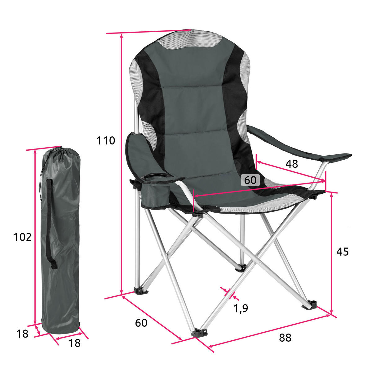 CAMPINGSTUHL 4er Set ,60 x 88 x 110 cm,grau - Grau, Kunststoff (88/110/60cm) - tectake