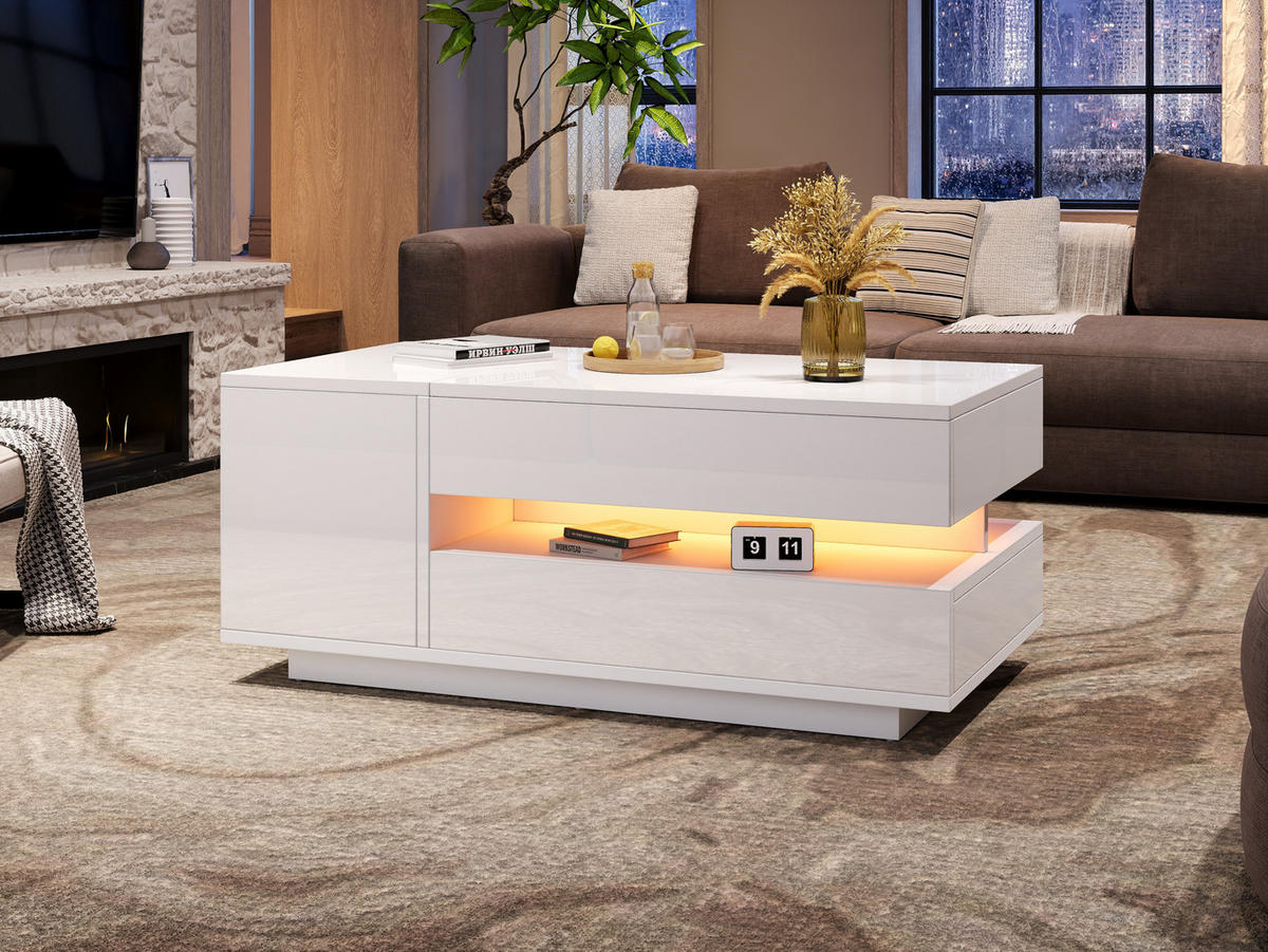 COUCHTISCH 90/50/34,5 cm Weiß aus Holzwerkstoff mit Hubfunktion LED und Stauraum - Weiß, Holzwerkstoff (90/50/34.5cm) - OKWISH