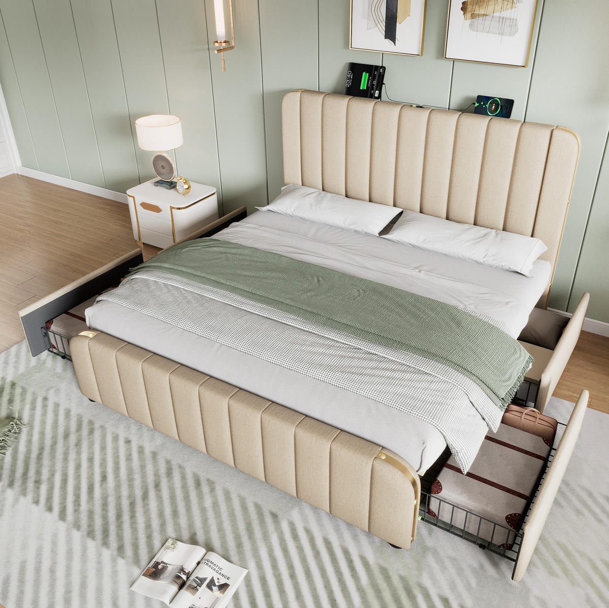 BETT mit 4 Schubladen und USB 140x200 cm Leinen Beige - Beige, Metall (140/200cm) - Meubliv