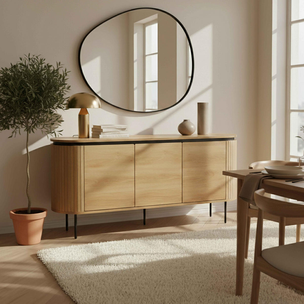 SIDEBOARD, helles Holzeffekt - Beige, Holz/Metall (160/76/40cm) - Oviala