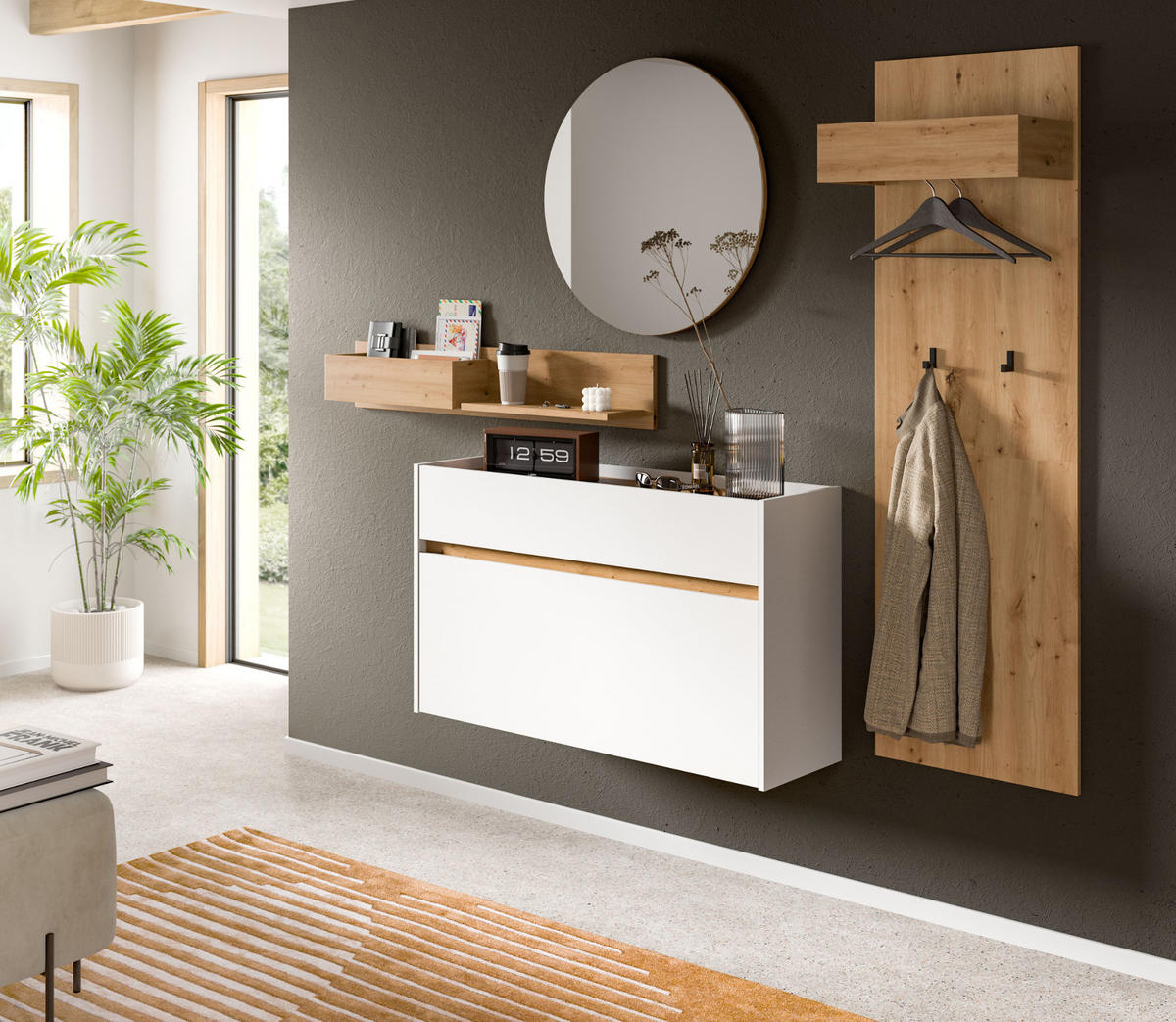 SCHUHKIPPER weiß und Artisan Eiche, Schuhschrank hängend 110 x 61 cm, Borga - Weiß/Eiche Artisan, Holzwerkstoff (110/61/32cm) - Inn.Furn