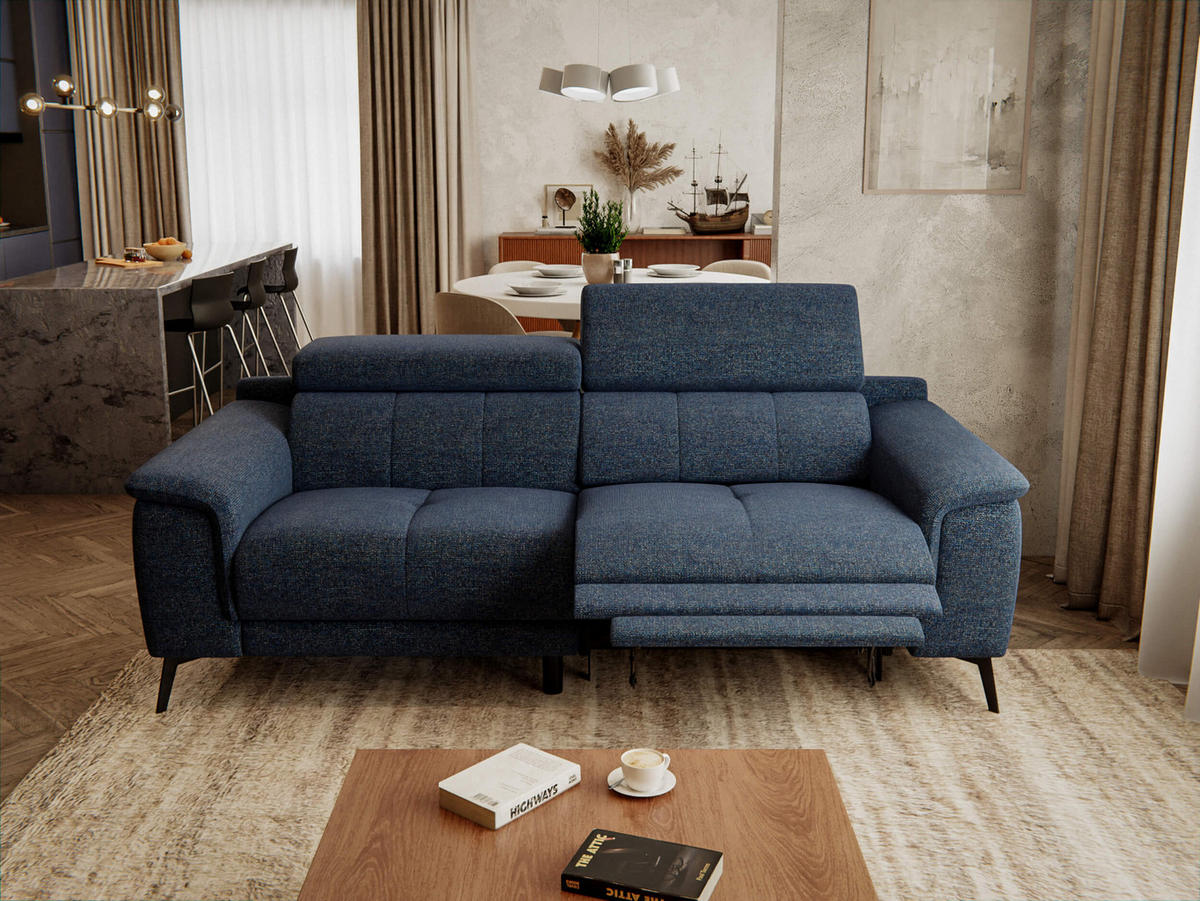 RELAXSOFA FIERO 3-Sitzer mit 1 Relaxfunktion, dunkelblau - Schwarz/Dunkelblau, Holzwerkstoff/Textil (212/82/103cm) - Courtois Laville