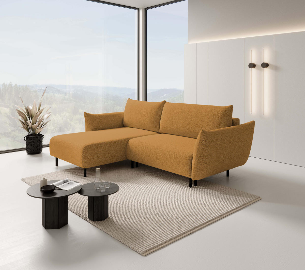 ECKSOFA ADEL mit Schlaffunktion und Bettkasten, L-förm, Metallbeine, verstellbar lose Rückenkissen, freistehend, LINKS, 171x257x90 cm, Gold - Goldfarben, Holz/Textil (171/257cm) - DomoHome