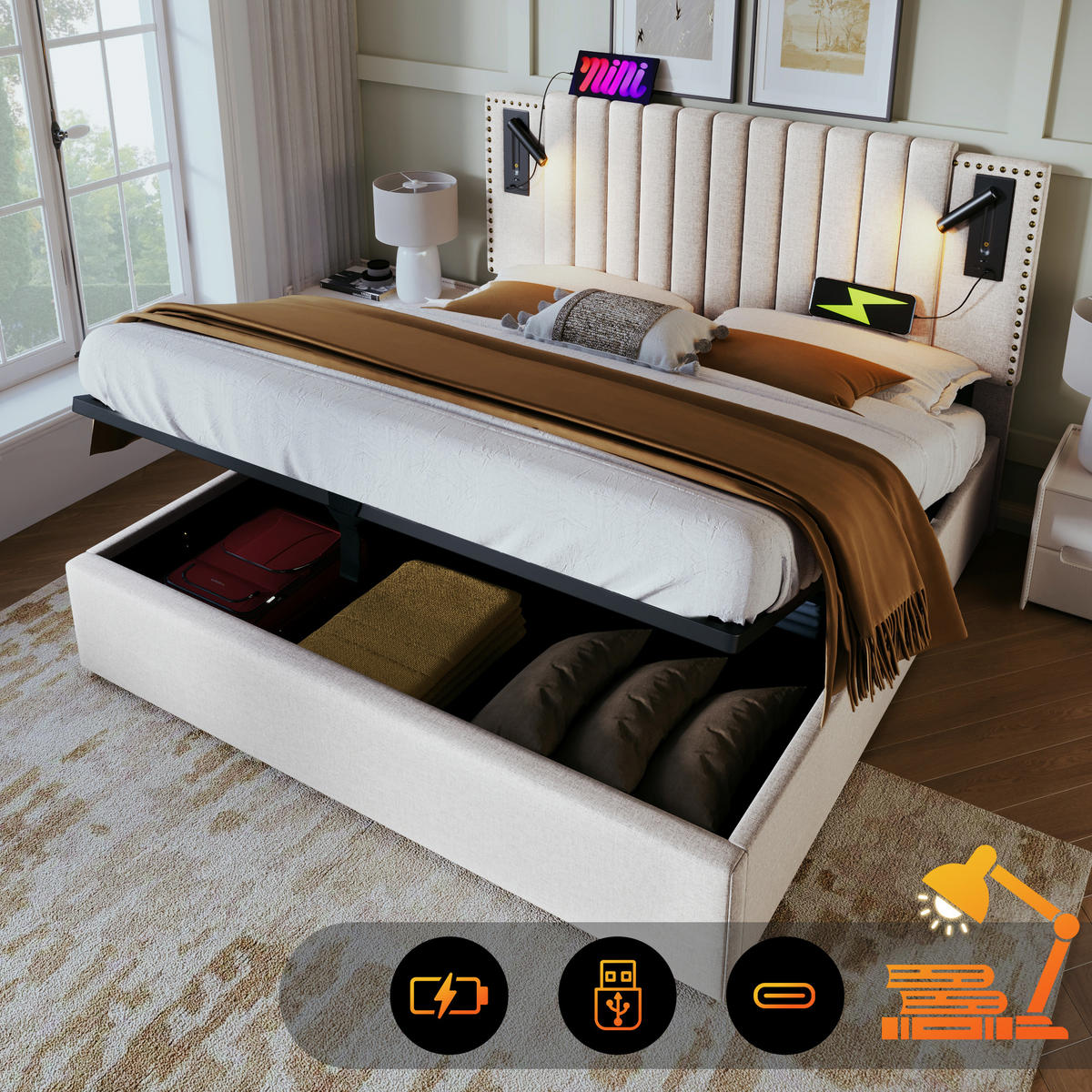 POLSTERBETT 180/200 cm Beige mit Bettkasten und USB Ladefunktion Kopfteil - Beige, Textil (180/200cm) - Oxeza