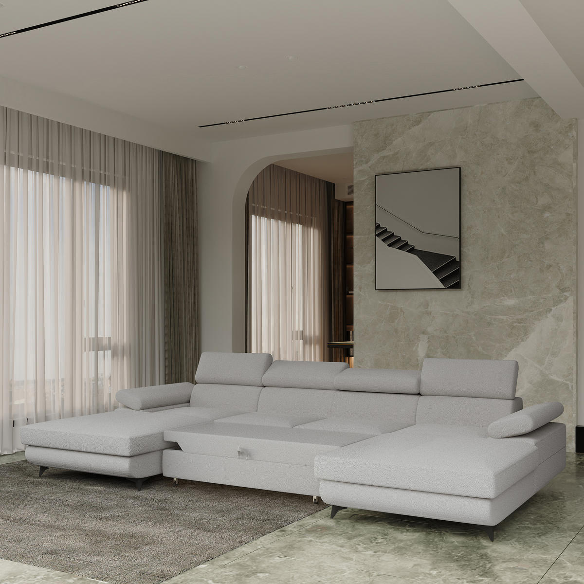 WOHNLANDSCHAFT DETTI Hellgrau Boucle-Stoff mit Schlaffunktion - Hellgrau, Holz (339/89/190cm) - MASSENO