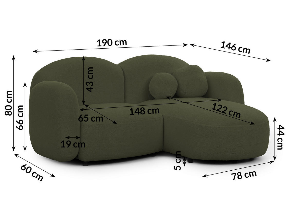 ECKSOFA Nuvola mit abgerundetem Design Grün Bouclé-Stoff - Ottomane Rechts - Schwarz/Grün, Holz/Kunststoff (190/146cm) - S-Style Möbel