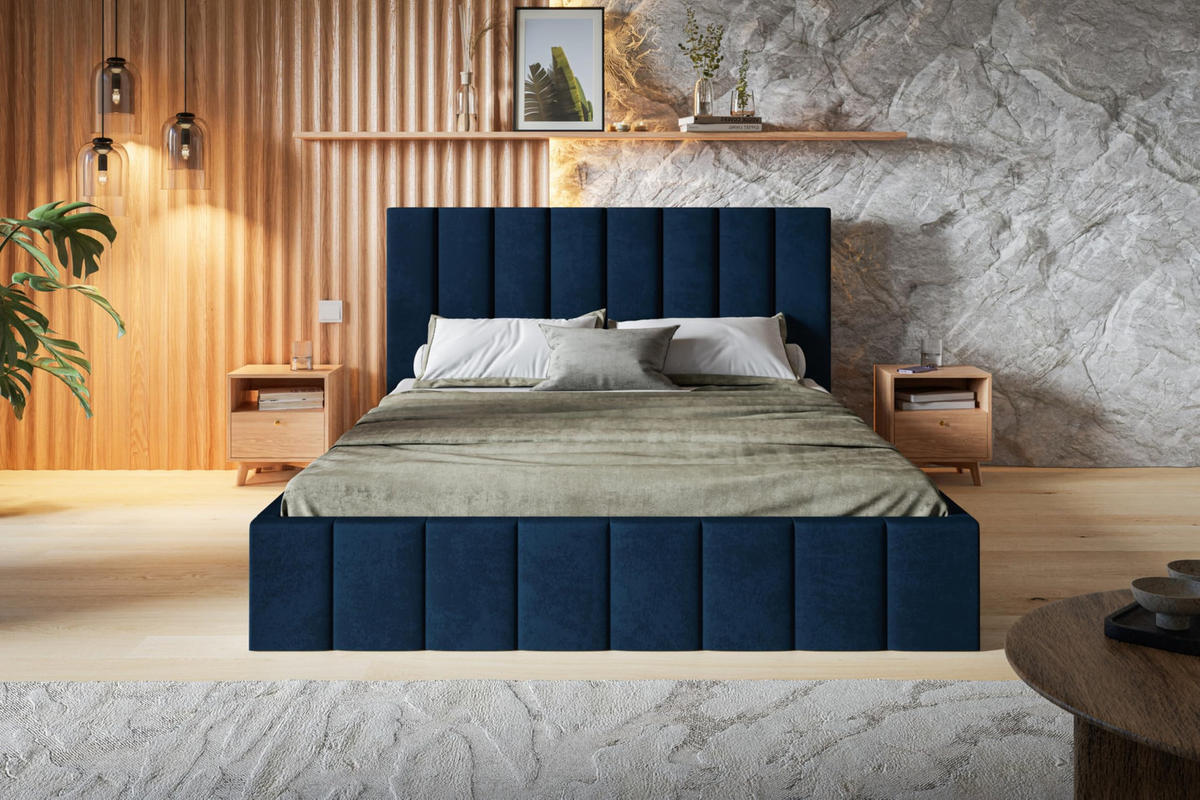BETT 200x200 - Polsterbett mit Bettkasten und Metallrahmen - Modern Betten - Glatter Kronos-Stoff- Kollektion Toledo - Blau - Blau, Holz/Textil (200/200cm) - Alpi-Möbel