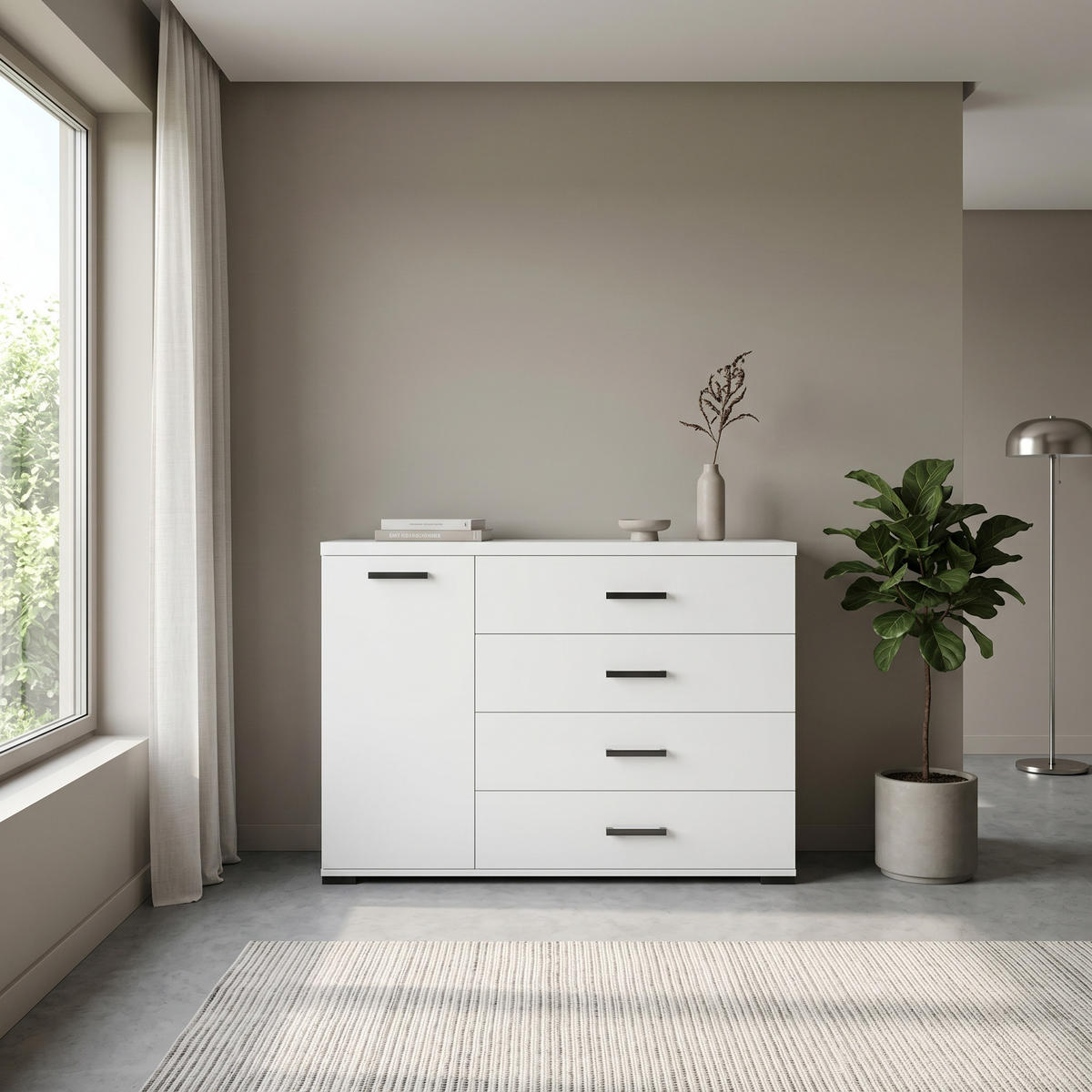 KOMMODE LIVORNO 120/85/40cm mit 4 Schubladen 1 Türen Weiß - Weiß, Holzwerkstoff (120/85/40cm) - MASSENO