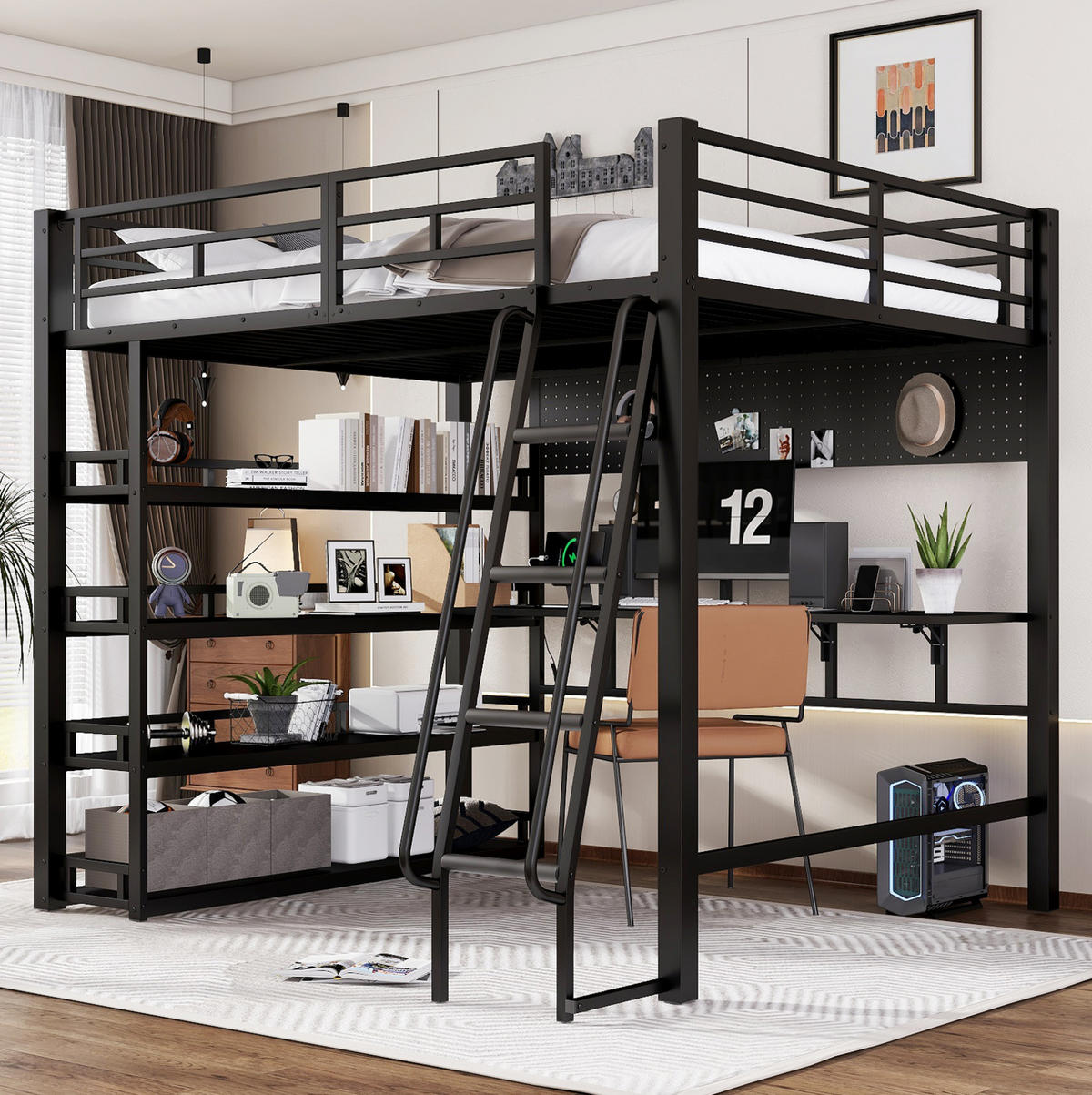 HOCHBETT 140/200 cm mit Ladeanschluss, Ablagen und Stauraum aus Metall und Holzwerkstoff, Schwarz - Schwarz, Metall (140/200cm) - Redom