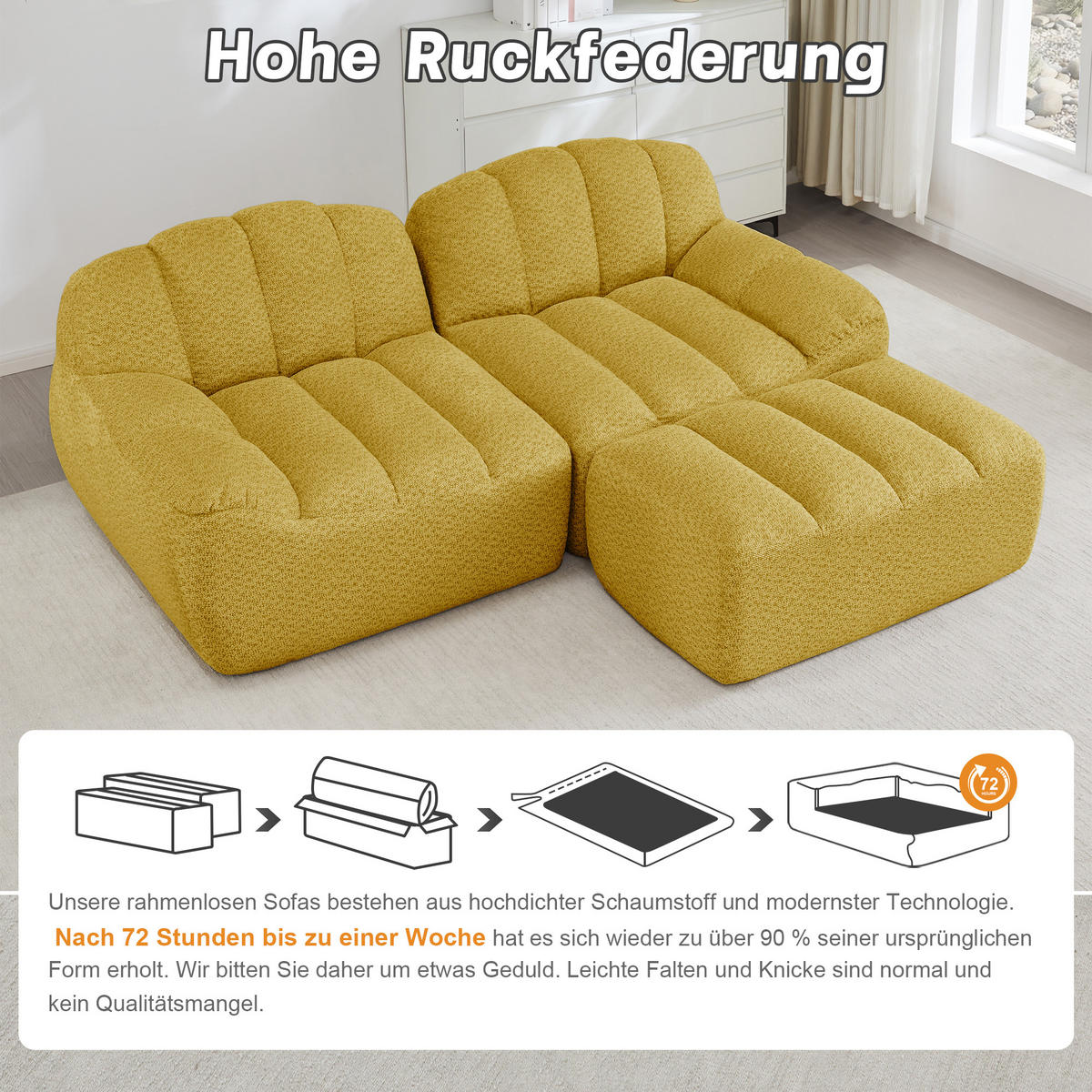 ECKSOFA aus granuliertem Fleece, frameless Lounge-Design ohne Montage - Gelb, Textil (210/165cm) - Urban Meuble