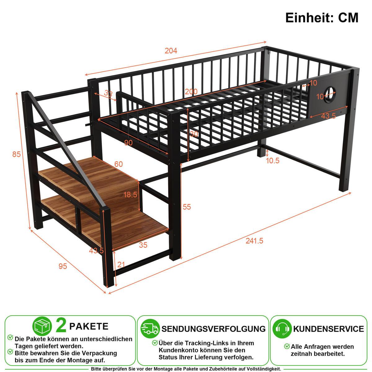 HOCHBETT 90/200 cm in Schwarz mit Stauraumleiter und Stauraum unter dem Bett Metall - Schwarz, Holzwerkstoff/Metall (90/200cm) - CHICFURN