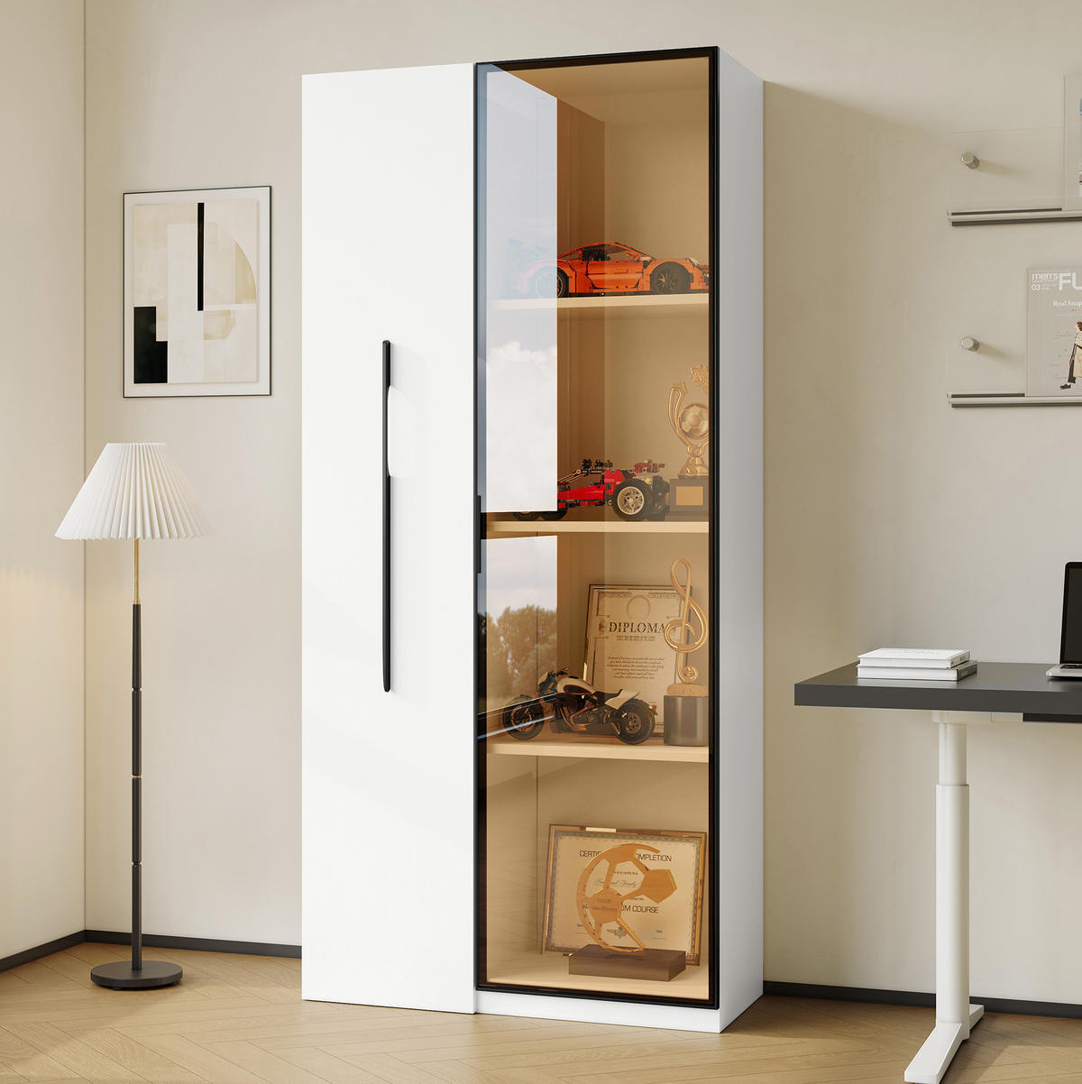 VITRINE 70/40/160 cm in Weiß mit LED-Beleuchtung und ausziehbarem Regal - Weiß, Holzwerkstoff (70/160/40cm) - Flora Grace