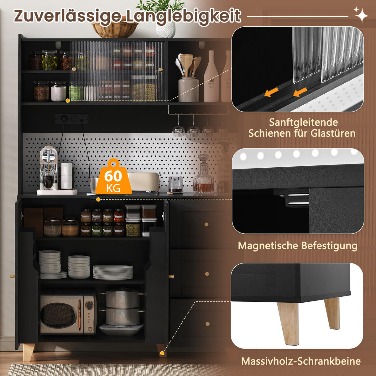 HIGHBOARD in Schwarz Barschrank mit Weinglashaltern und Schubladen für Esszimmer und Küche, B120/T40/H184 cm - Schwarz/Naturfarben, Glas/Holz (120/184/40cm) - STILVORA