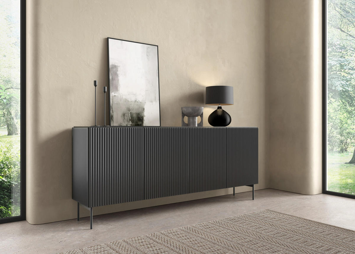 KOMMODE Breite Galiano mit 4 Türen, 195 cm, Schwarz - Schwarz, Holz (195/81/40cm) - Emporius