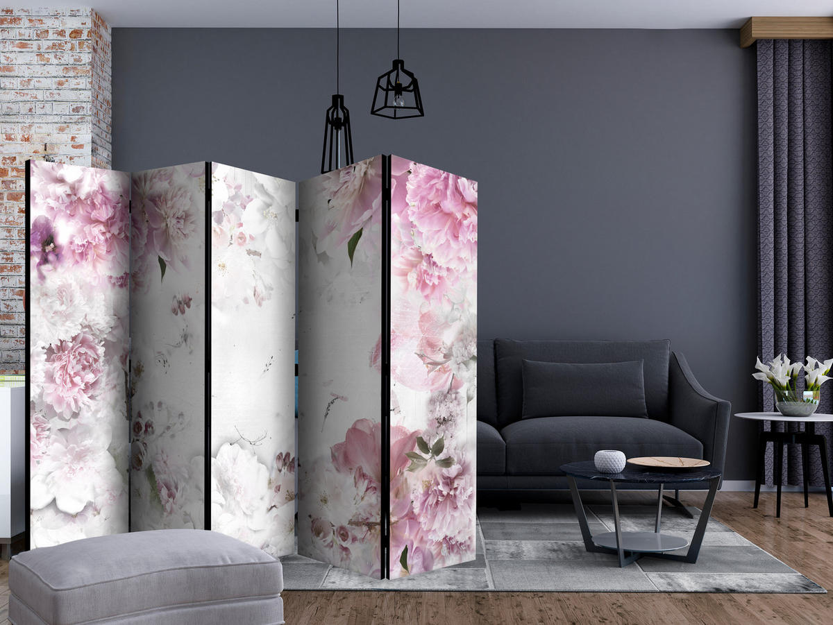 PARAVÁN Obojstranný 5-dielny 225x172 cm Ružové Pivonky - biela, drevo/textil (225/172/3cm) - Muralo